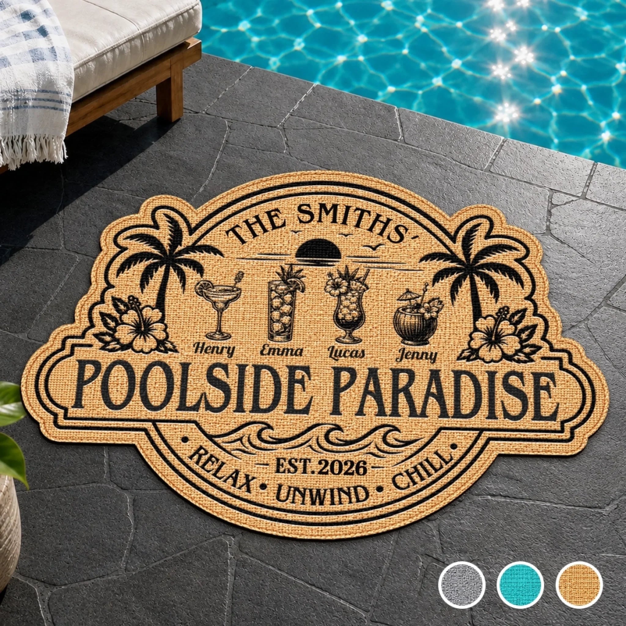 Custom Poolside Shaped Doormat Personalized Summer Oasis Vacation Travel Gift for Family
