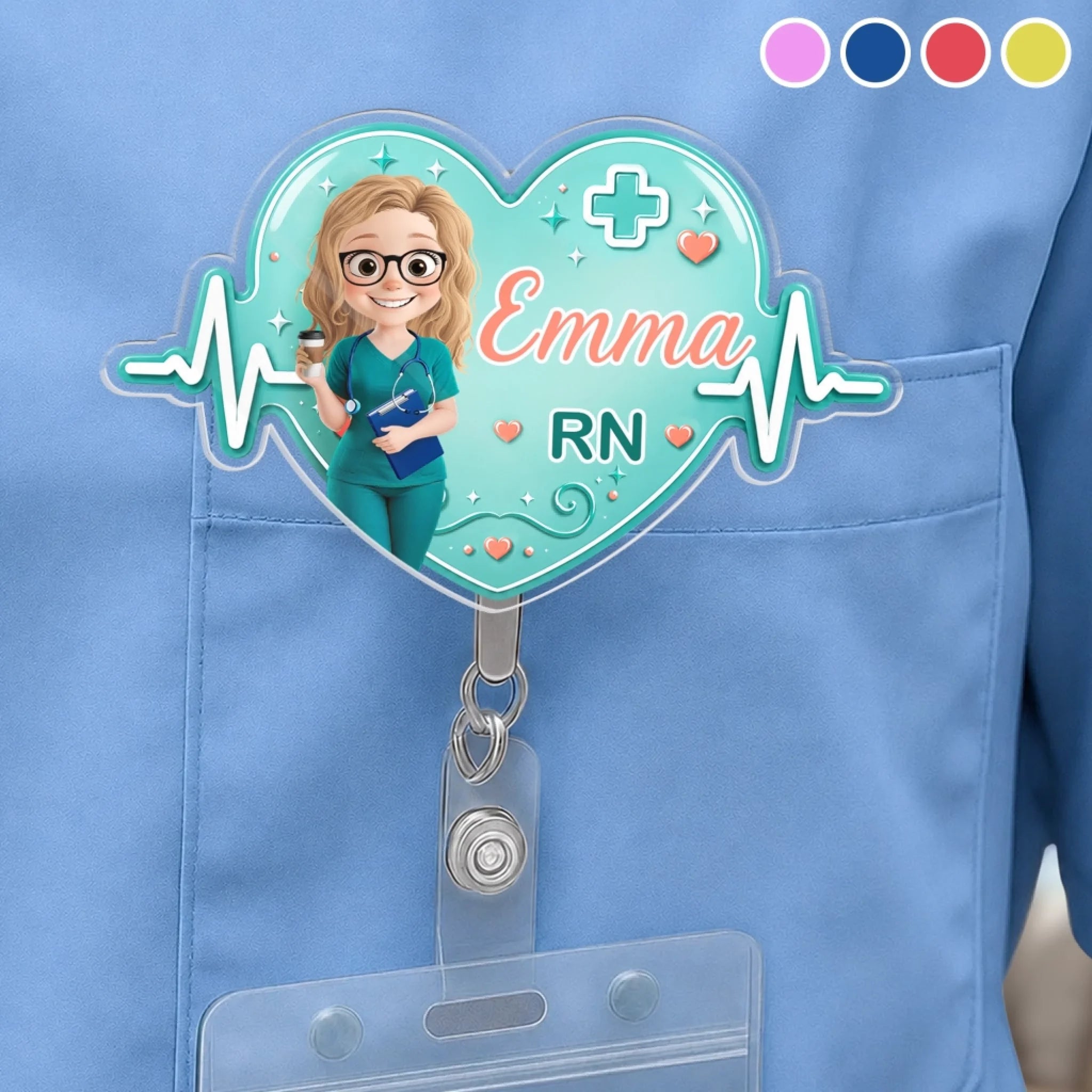 Custom Acrylic Badge Reel for Nurse, Personalized Caring With Heart Birthday Gift