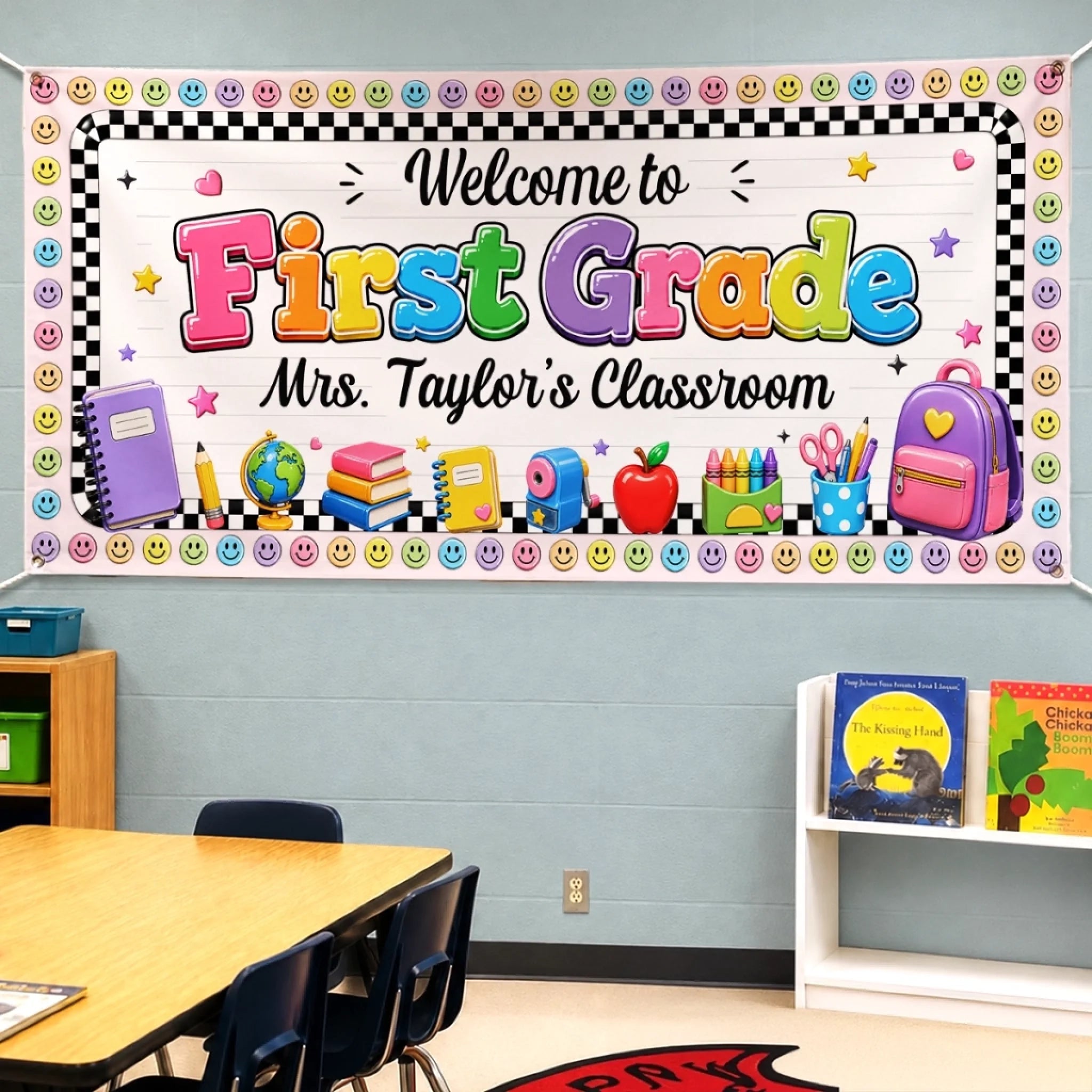 Custom Classroom Decor Fabric Banner, Personalized Back to School Teacher Gift with Bright Smiles Design
