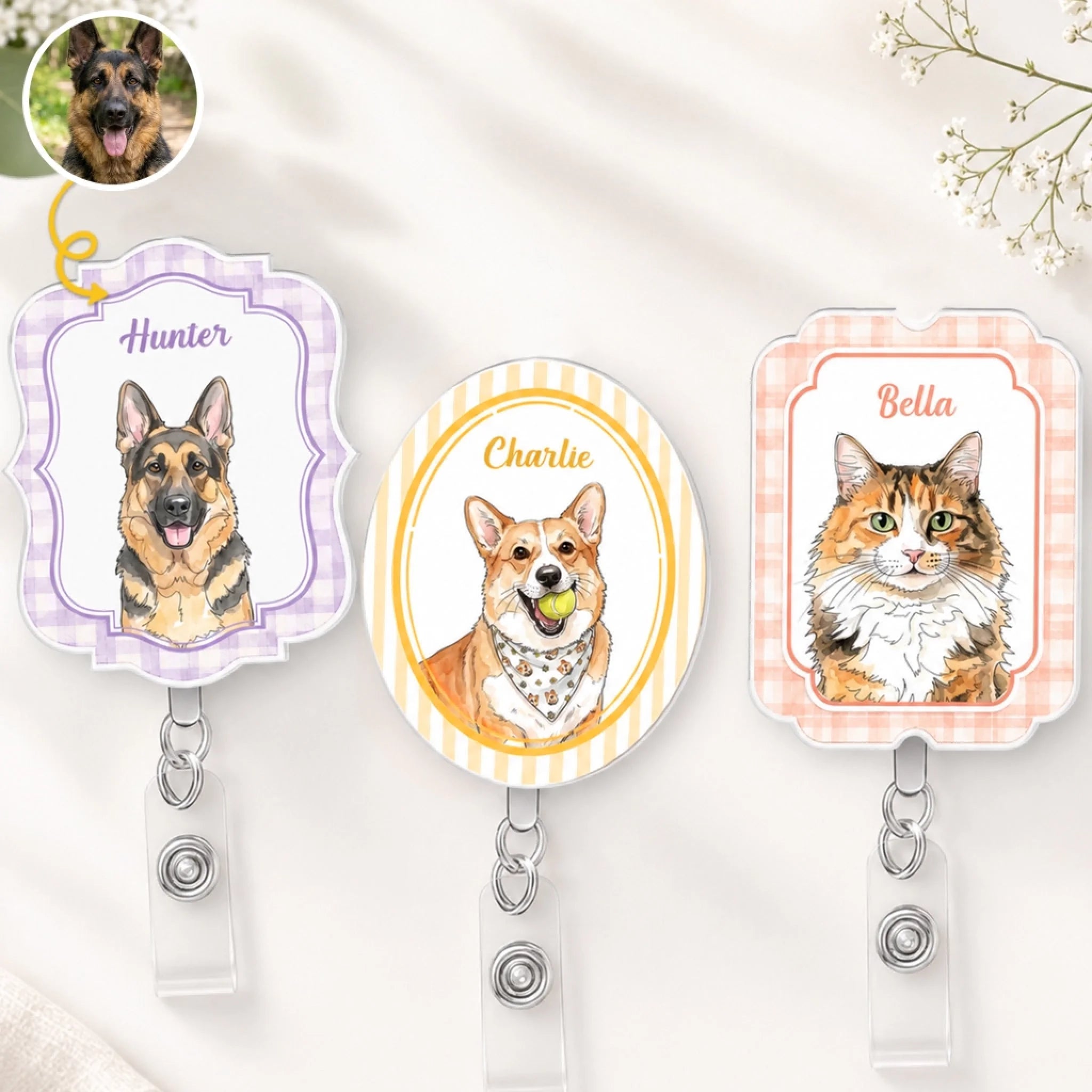 Custom Photo Acrylic Badge Reel Personalized Gift for Dog and Cat Lovers, Dog Mom Dad, Coworker