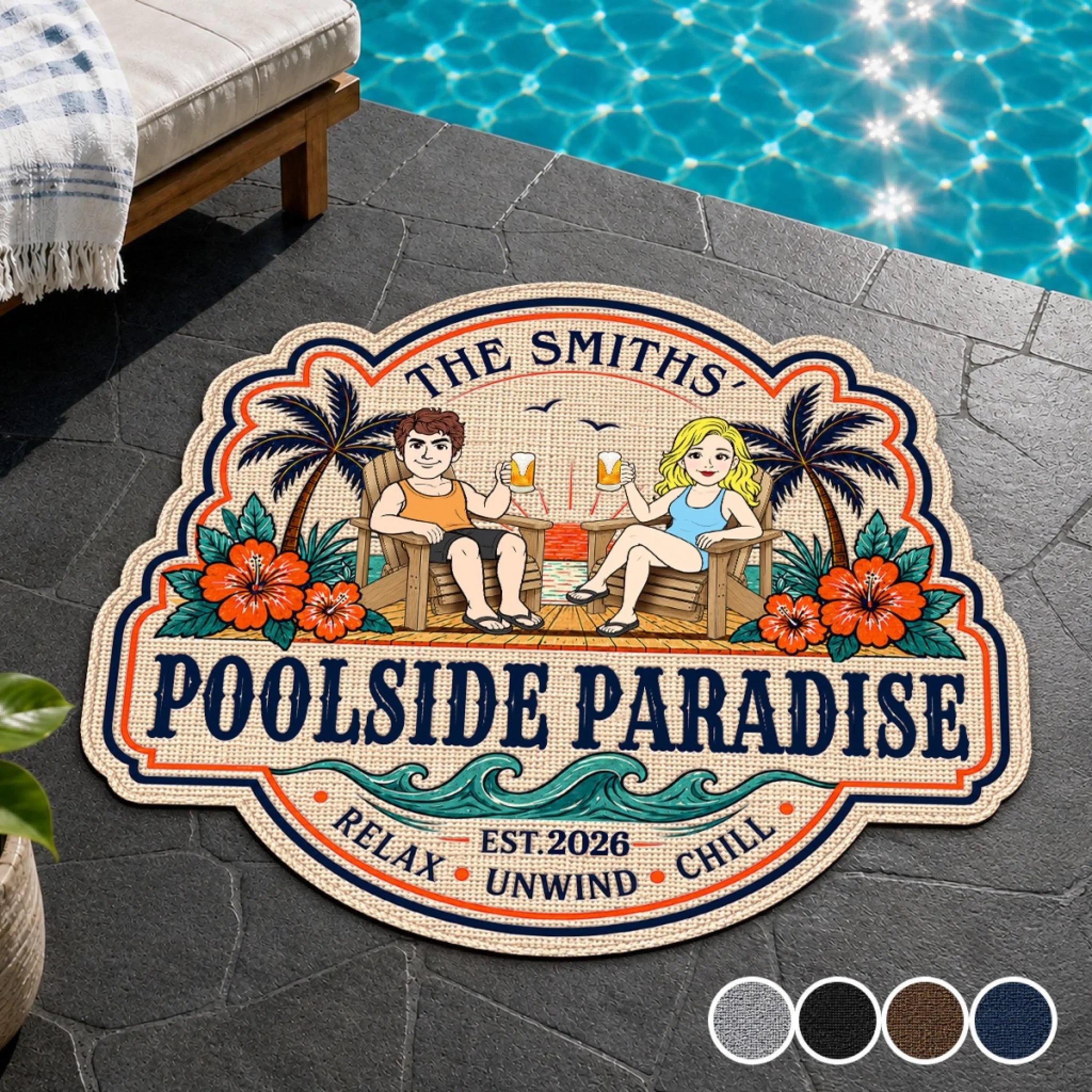Custom Poolside Shaped Doormat Personalized Our Happy Place by the Pool Summer Gift for Couples
