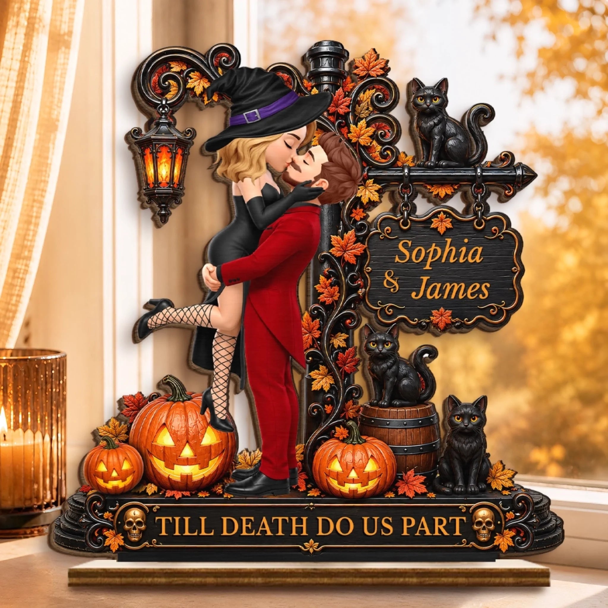 Custom 2-Layered Wooden Plaque with Flat Stand, Personalized Halloween Anniversary Wedding Gift for Couples