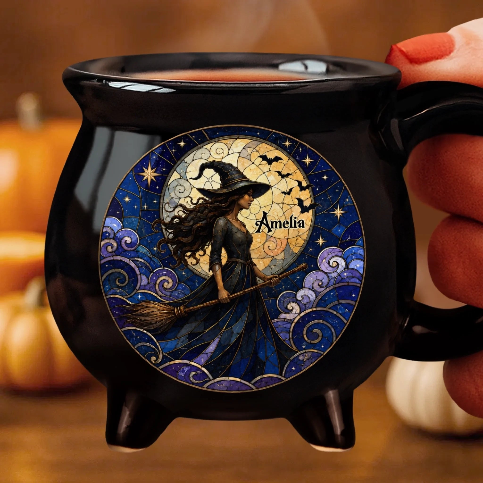 Custom 12oz Ceramic Cauldron Coffee Mug, Personalized Halloween Witchy Gift for Wife Mom Bestie