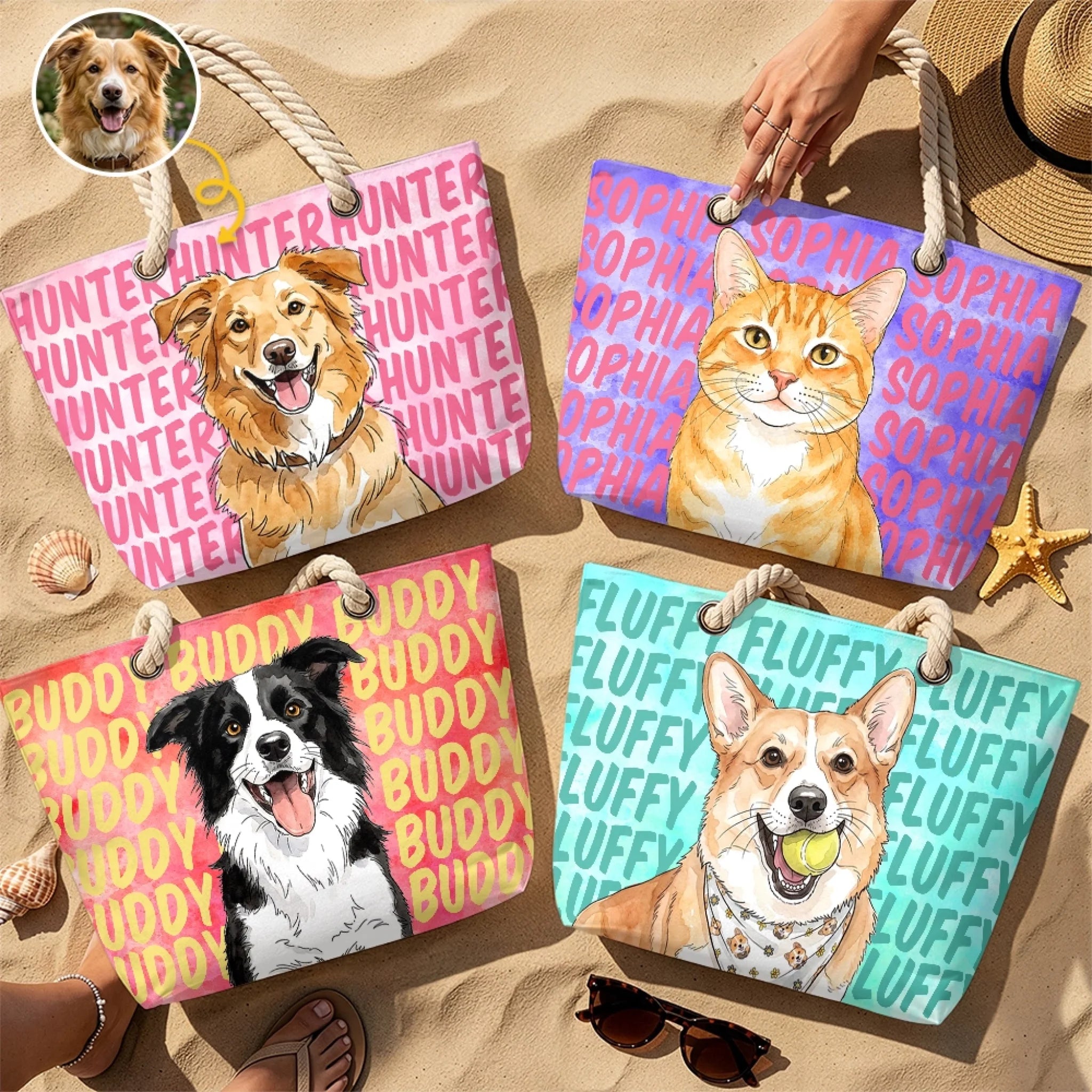 Custom Photo Beach Tote Bag Personalized Summer Travel Gift for Dog and Cat Lovers