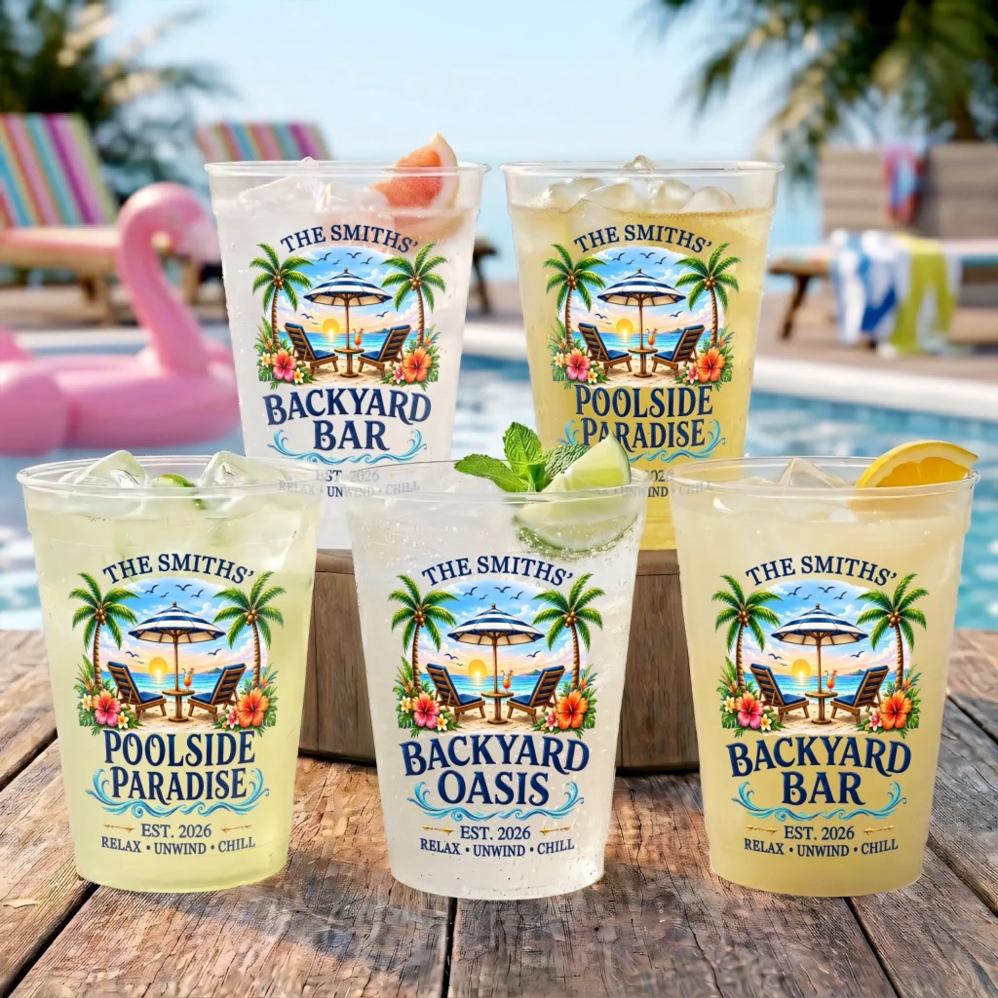 Custom Poolside Party Cups, Personalized Plastic Beach Cups for Summer Vacation Family Gifts