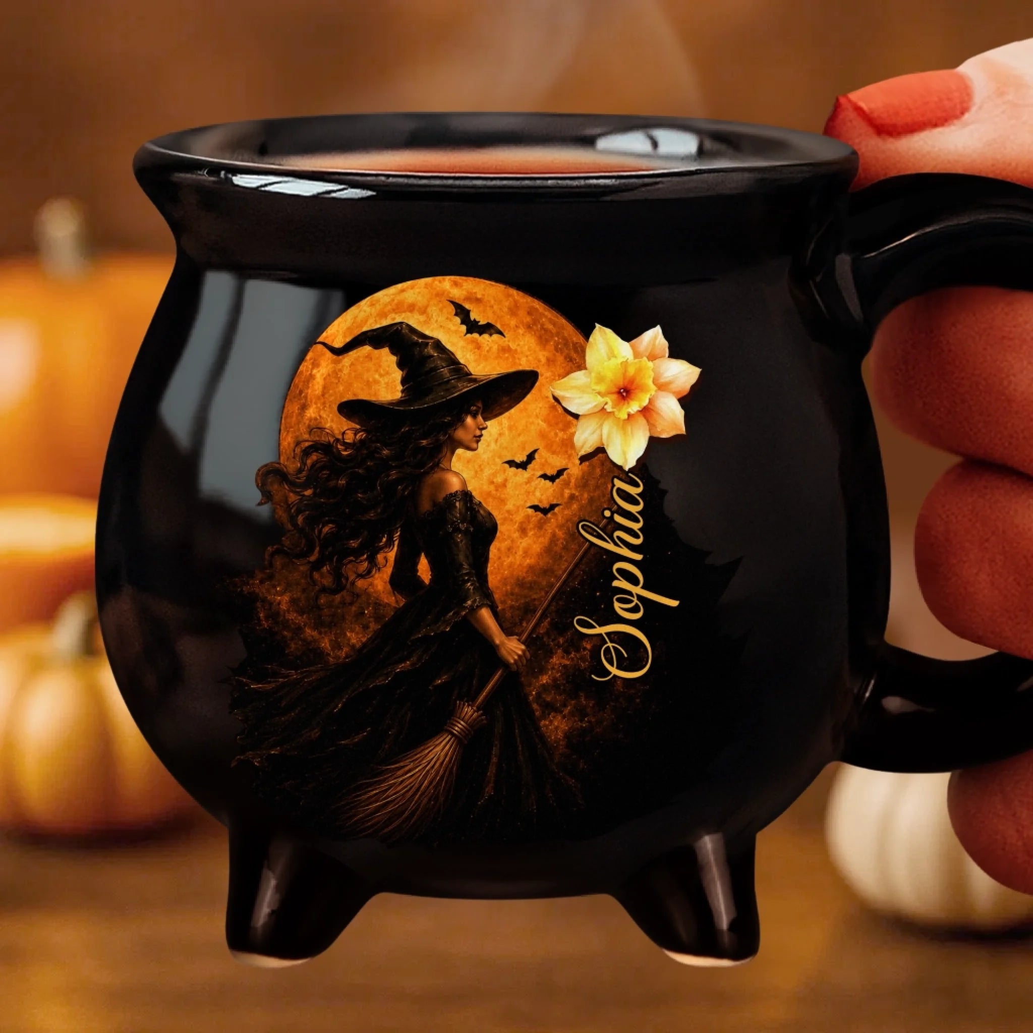 Custom 12oz Ceramic Cauldron Coffee Mug, Personalized Witchy Halloween Gift for Her