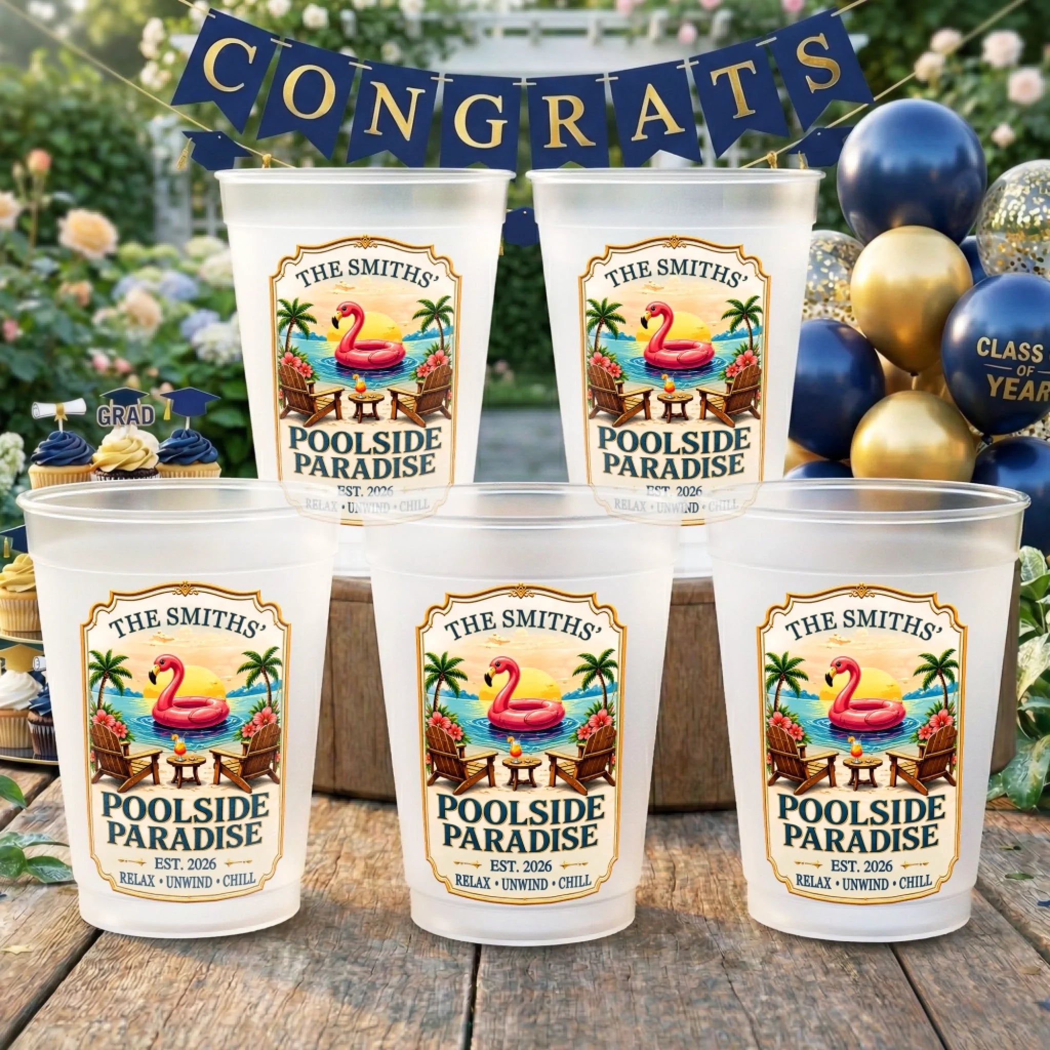 Custom Poolside Party Cups, Personalized Flamingo Summer Vacation Gifts for Family