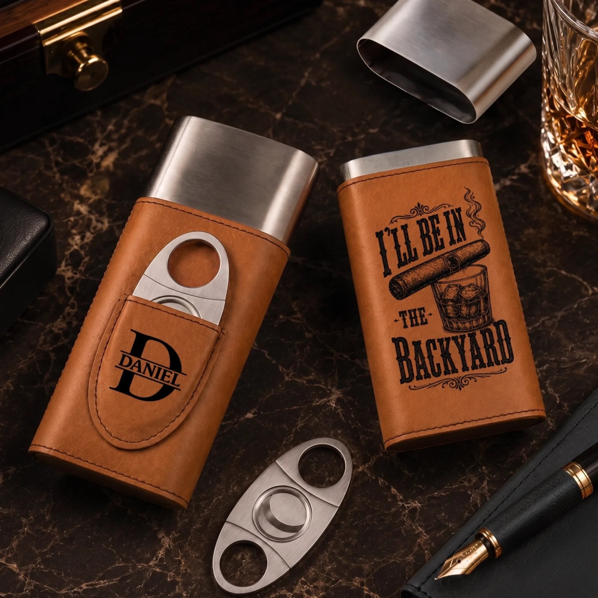 Custom Leather Case With Cutter, Personalized Birthday Gift for Husband, Dad, Grandpa or Brother