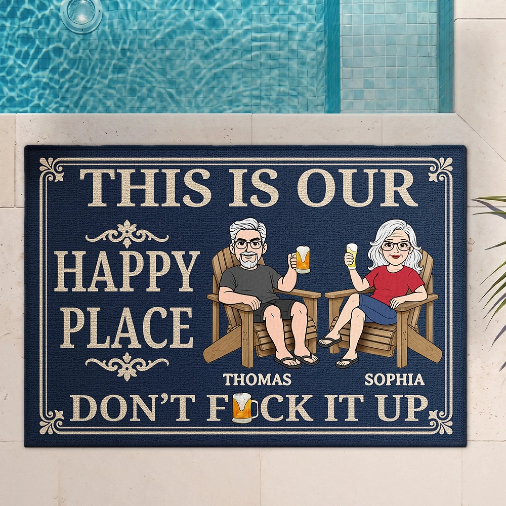 Personalized Happy Place Decorative Doormat, Custom Summer Travel Welcome Mat Gift for Couples