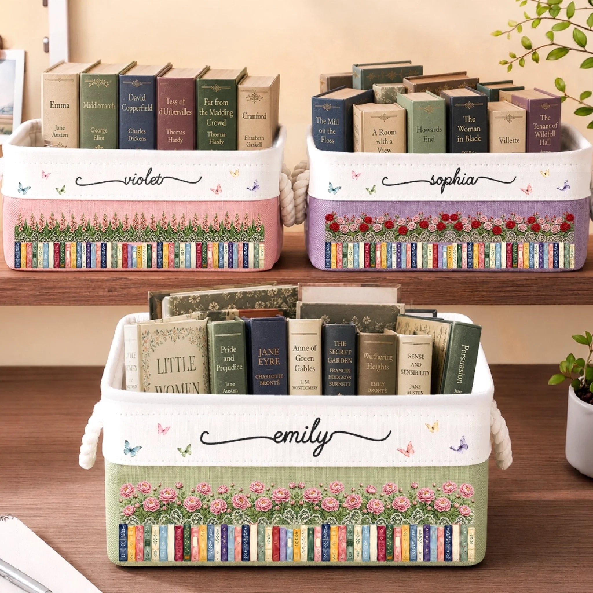 Custom Storage Basket for Book Lovers, Personalized Bookish Gift for Readers, Bloom With Grace
