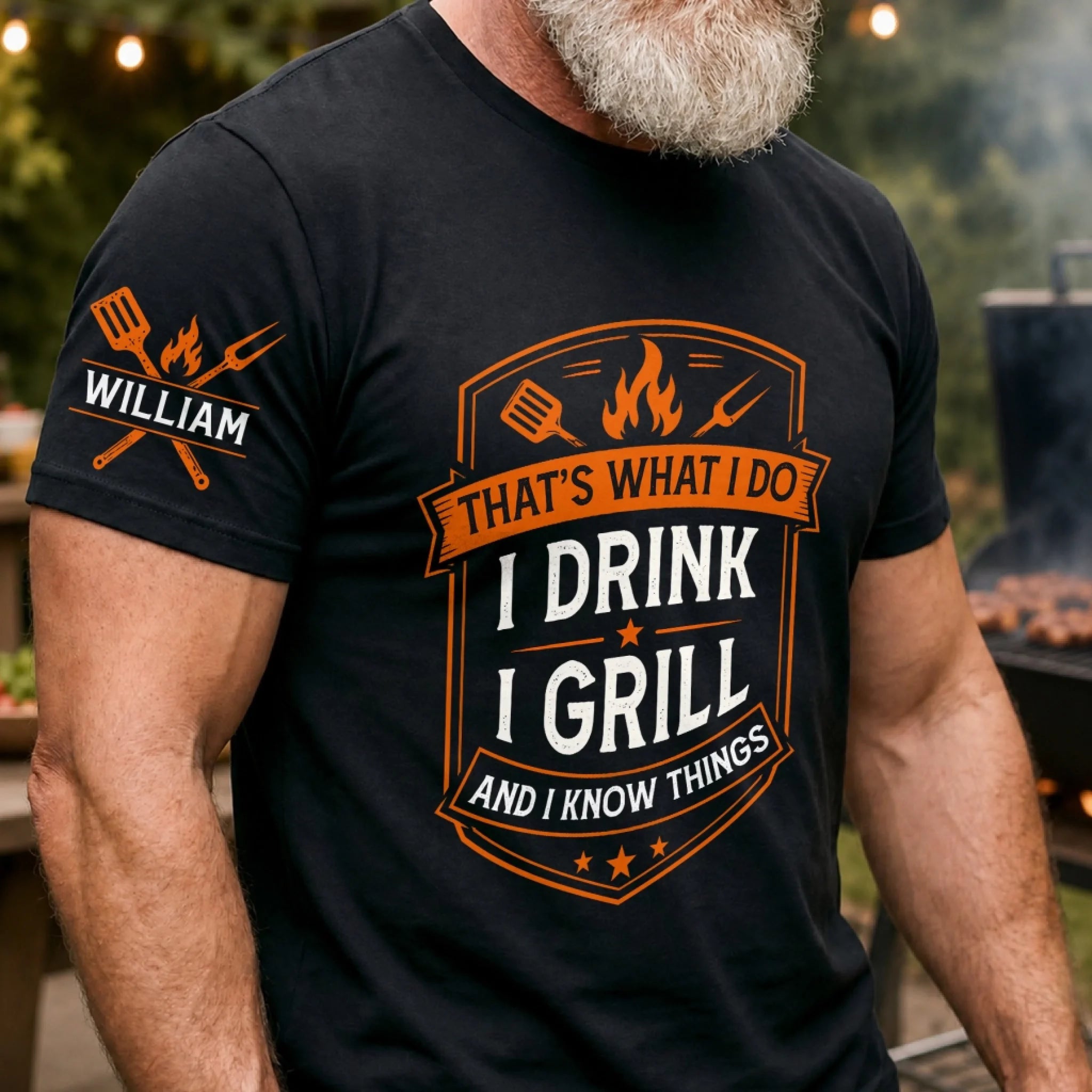 Custom BBQ Unisex T-Shirt with Sleeve Design, Personalized Grill Master Gift for Dad, Husband or Grandpa