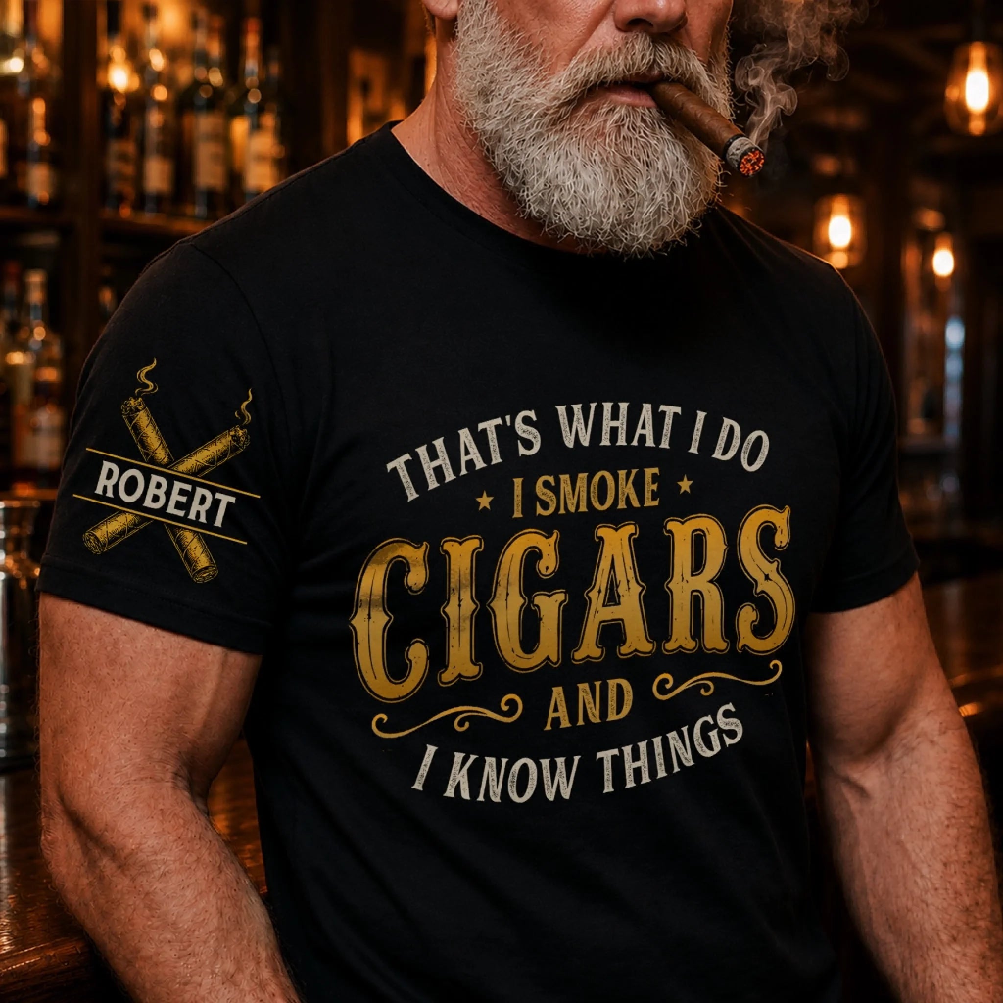 Custom Cigar Unisex T-Shirt with Sleeve Design, Personalized Birthday Gift for Husband, Dad or Grandpa
