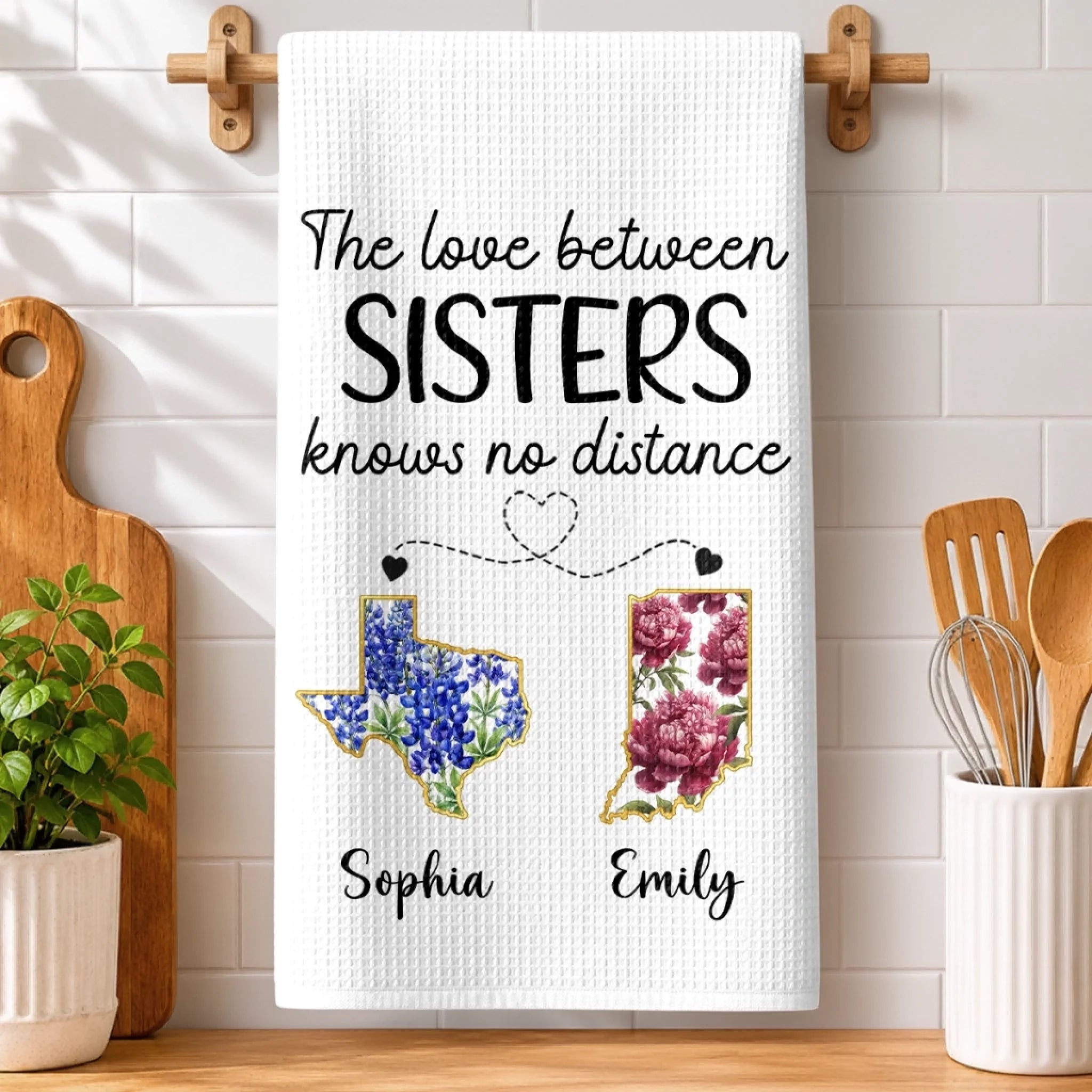 Custom Long Distance Kitchen Towel, Personalized Best Friend Birthday Gift for Women, Sisters and BFFs