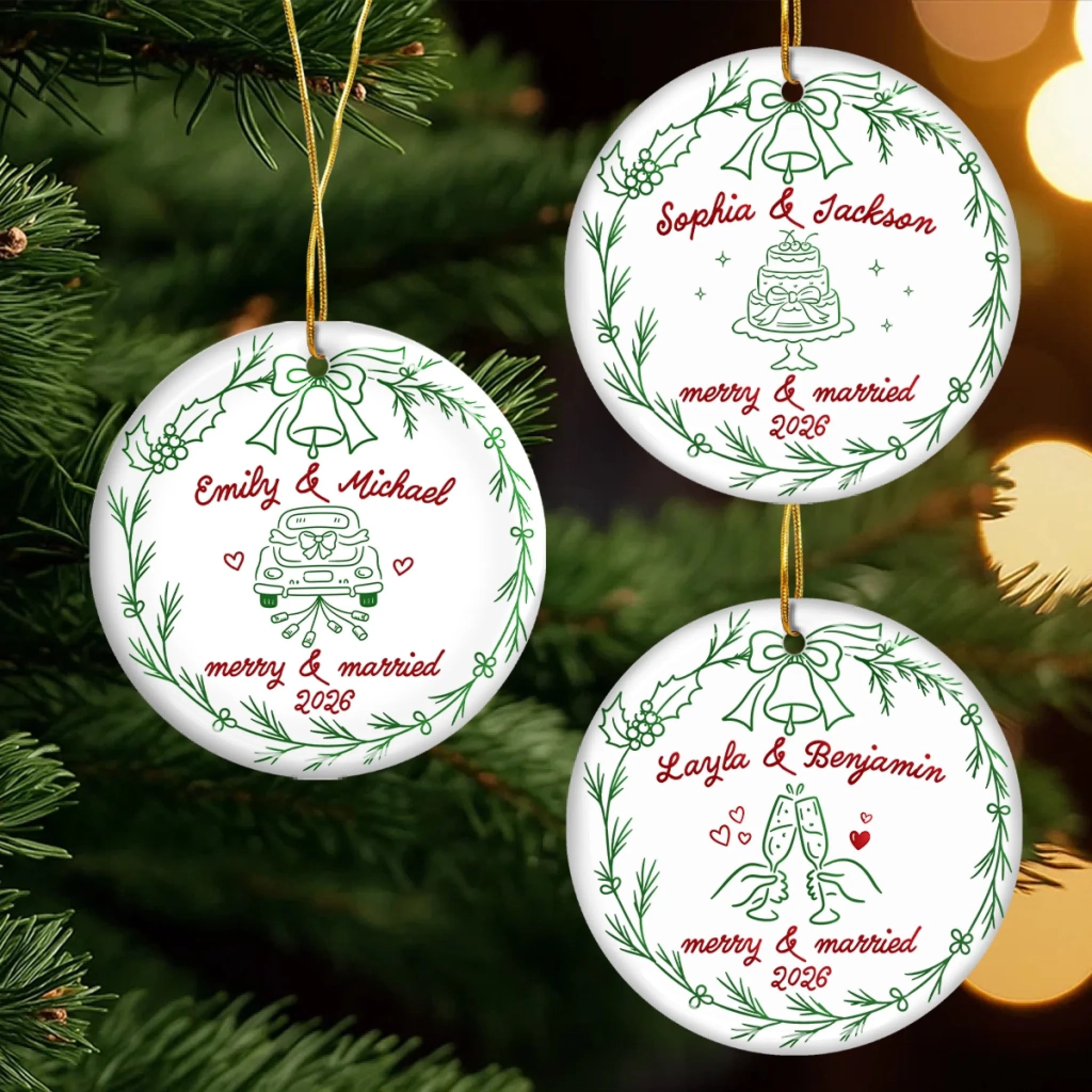 Custom First Christmas Ceramic Ornament, Personalized Married and Merry Wedding Anniversary Gift for Couple
