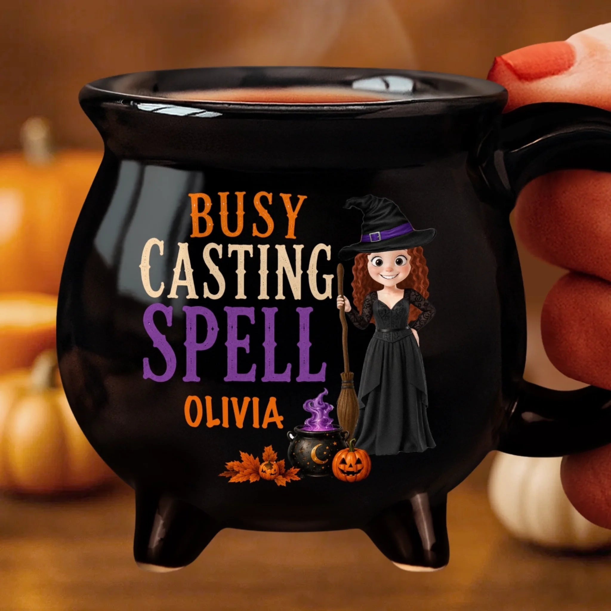 Custom 12oz Ceramic Cauldron Coffee Mug, Personalized Halloween Witchy Gift for Wife, Mom, Sister or Bestie