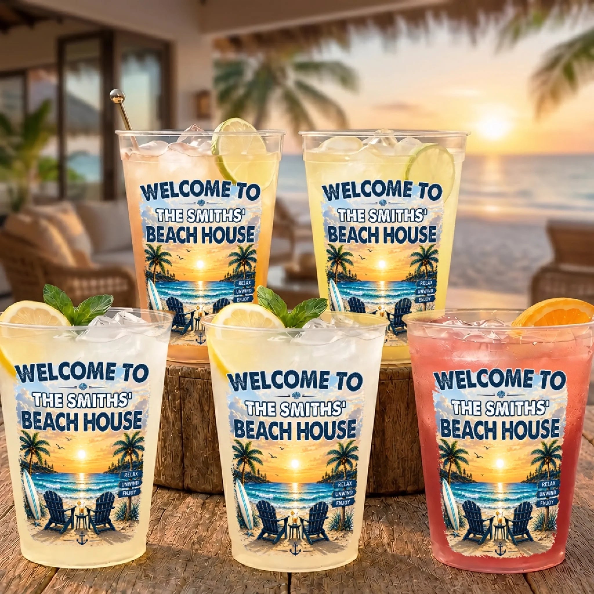 Custom Beach House Party Cups, Personalized Summer Vacation Travel Gifts for Family Memories