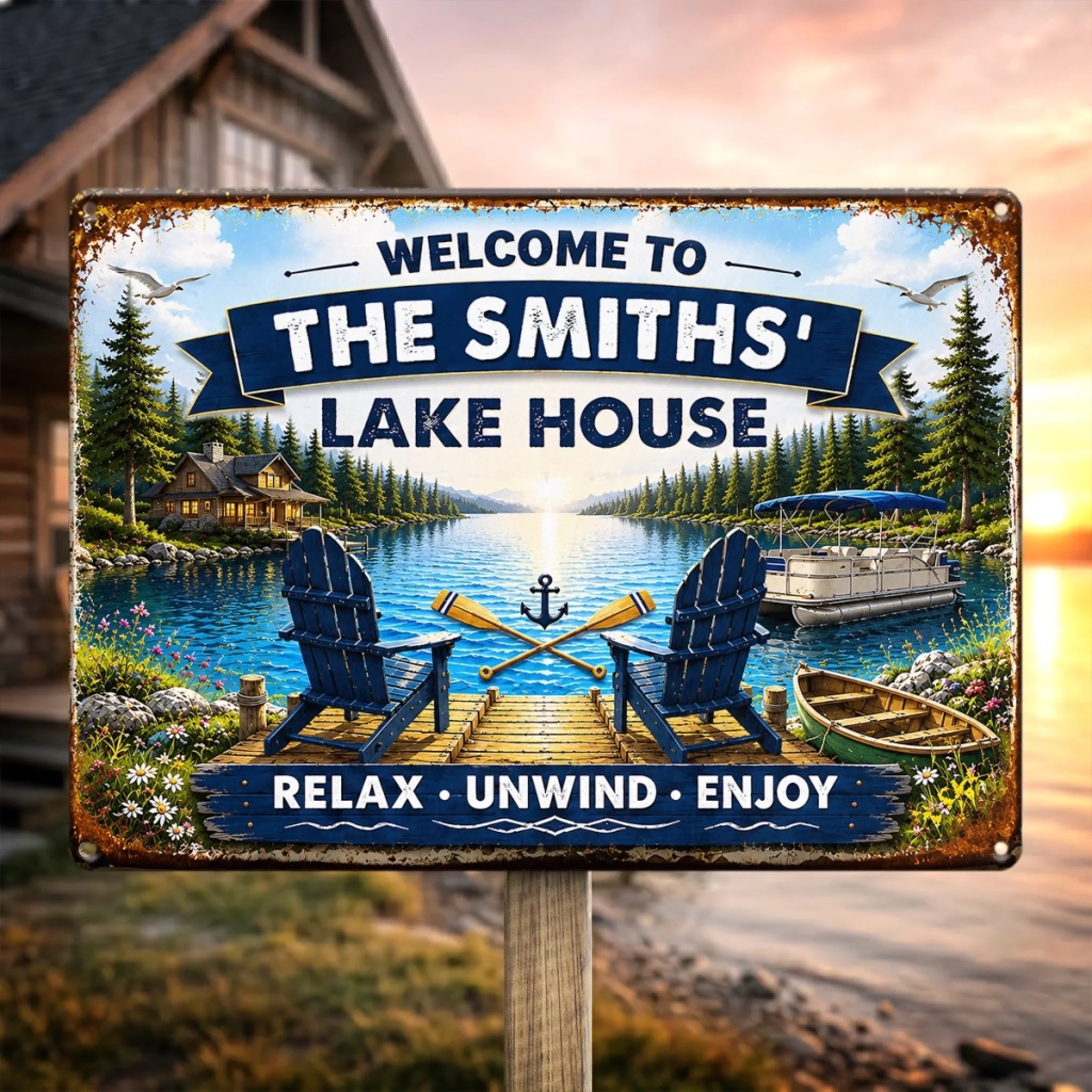 Personalized Lake House Metal Sign, Custom Lake Life Wall Decor, Summer Vacation Gift for Family