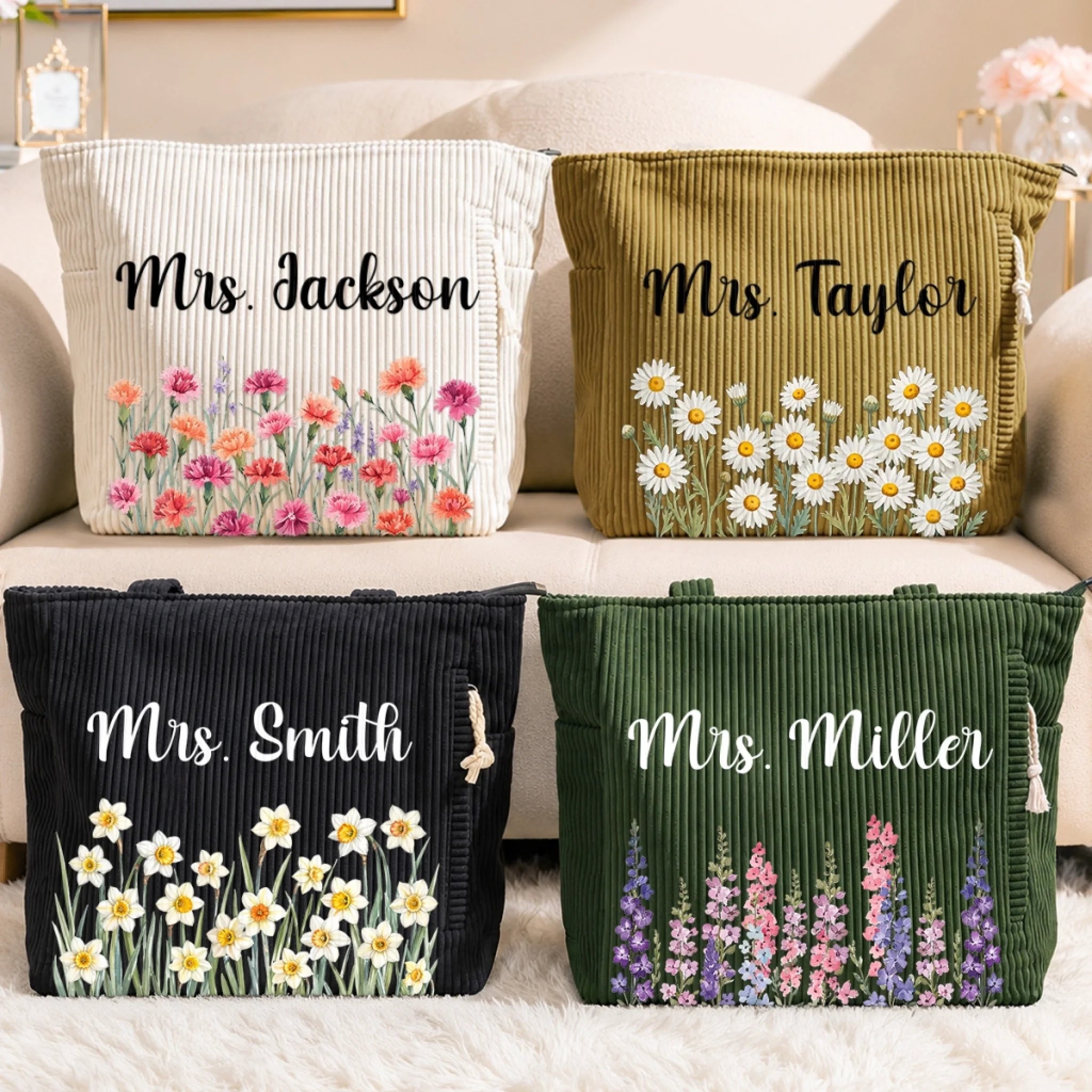 Custom Corduroy Tote Bag, Personalized Teacher Appreciation Gift for Back to School Lessons