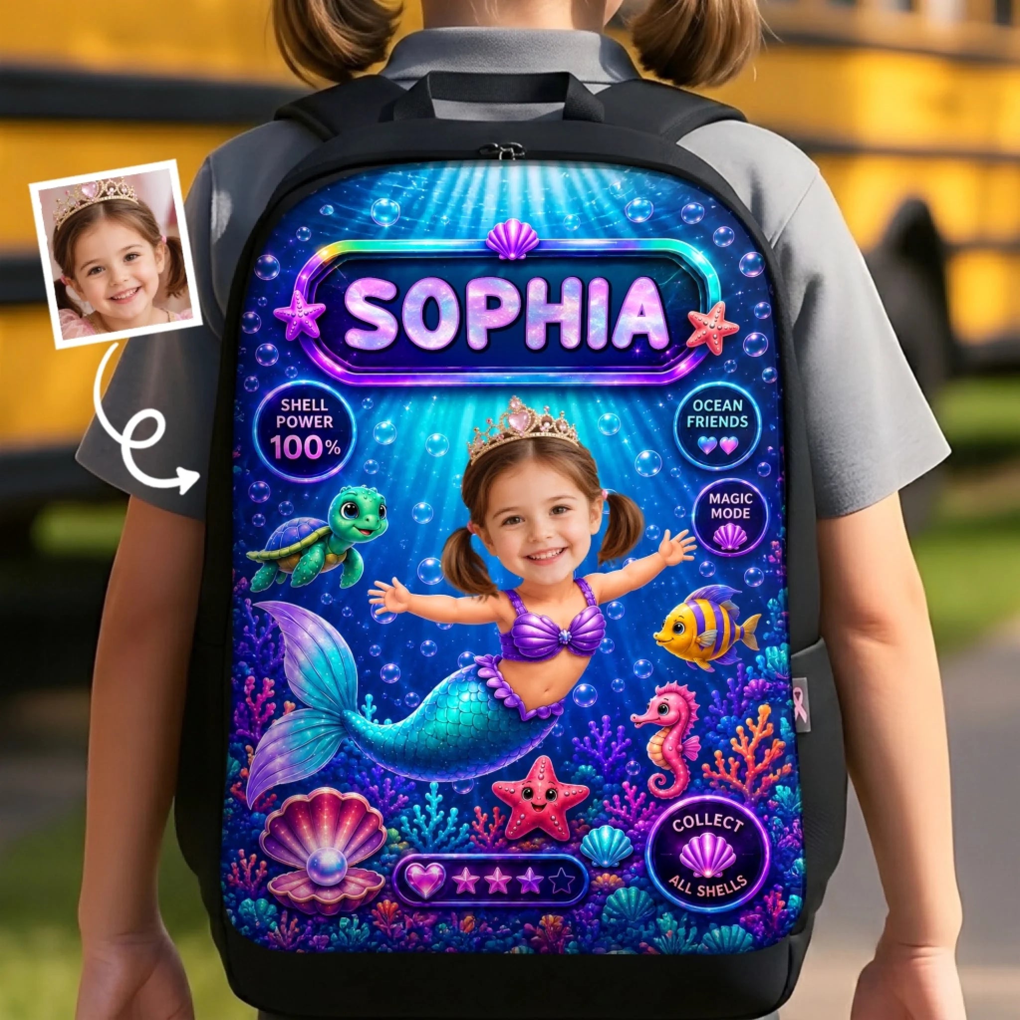 Custom Photo Kids Front Printed Backpack, Personalized Mermaid Back to School Gift for Kids