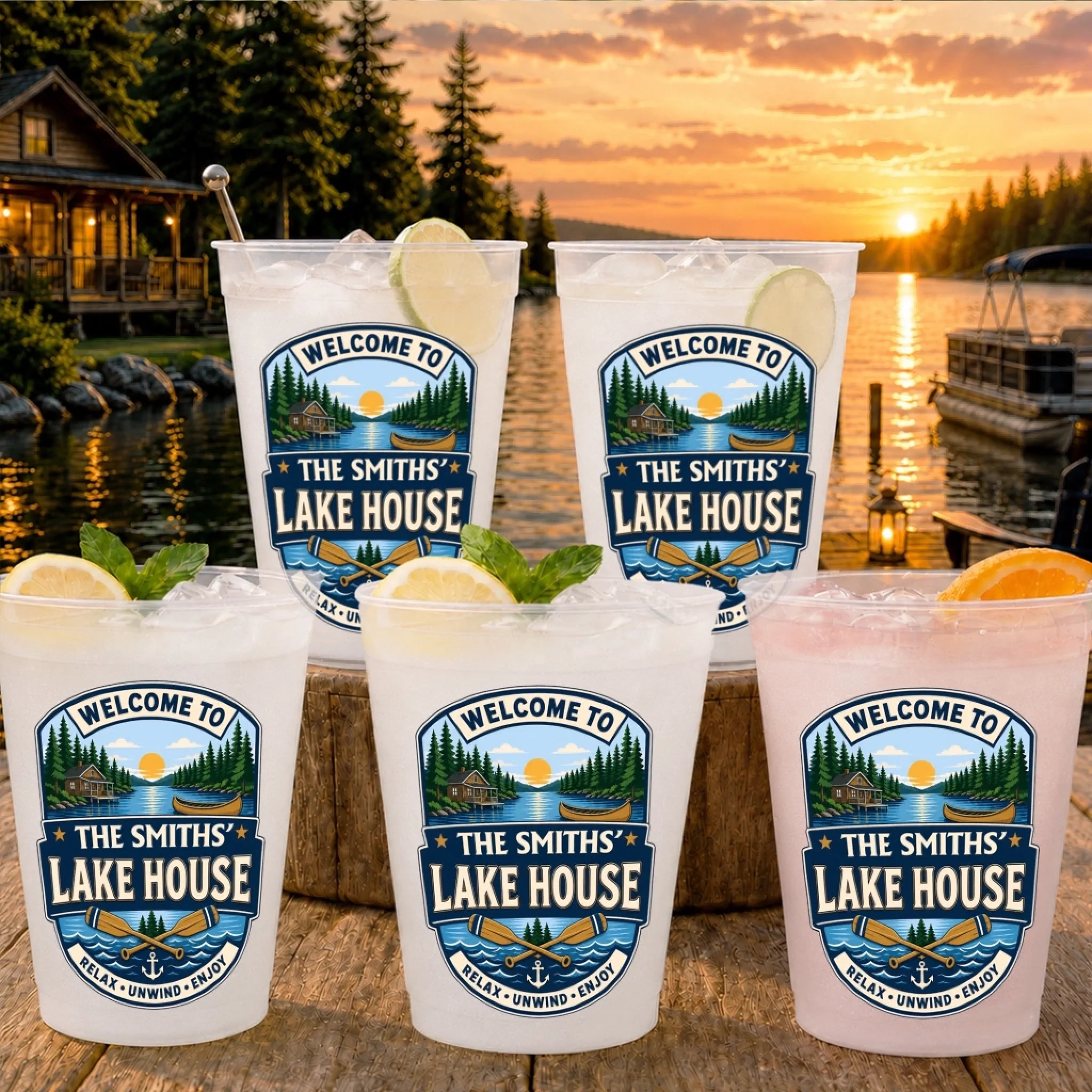 Custom Lake House Party Cups, Personalized Plastic Cups for Summer Vacation Gifts for Mom Dad Family