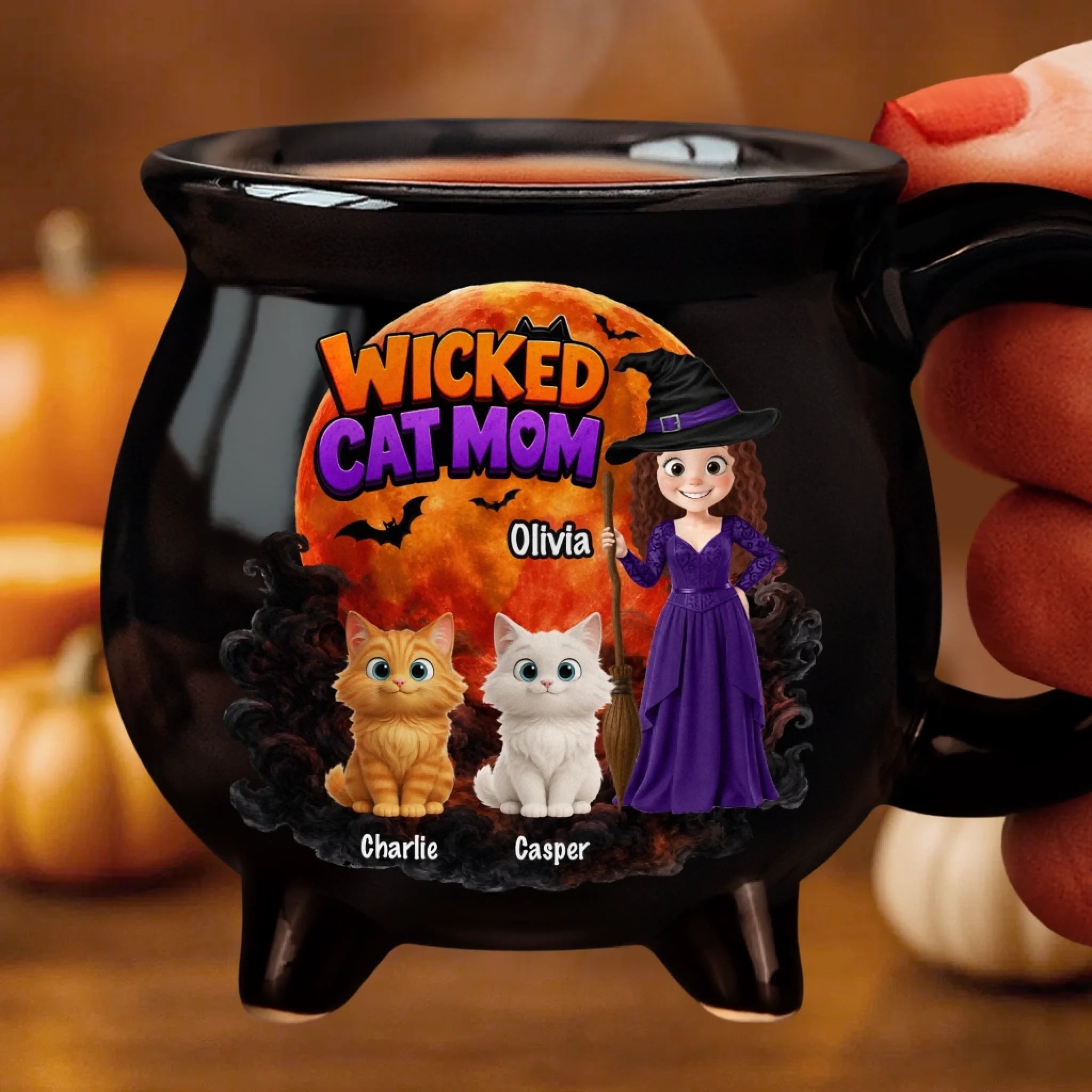 Custom 12oz Ceramic Cauldron Coffee Mug, Personalized Halloween Witchy Cat Lover Gift
