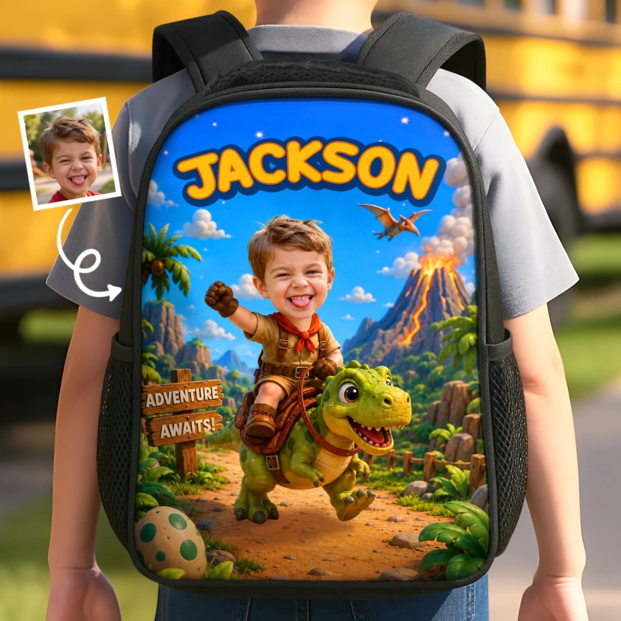 Personalized Kids Front Printed Backpack with Custom Photo, Back to School Dinosaur Gift