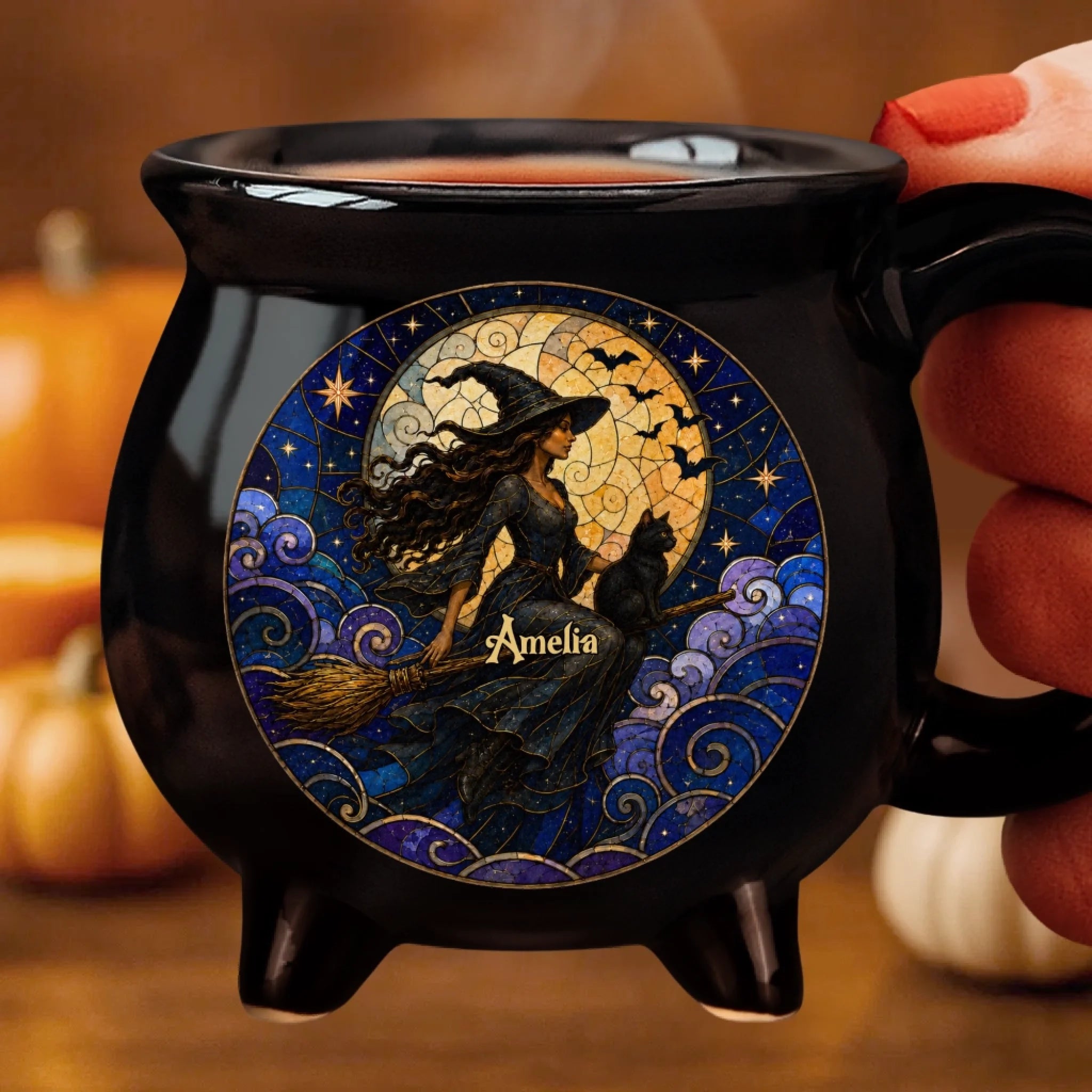 Custom 12oz Ceramic Cauldron Coffee Mug, Personalized Halloween Witchy Gift, Flying High Midnight Sky