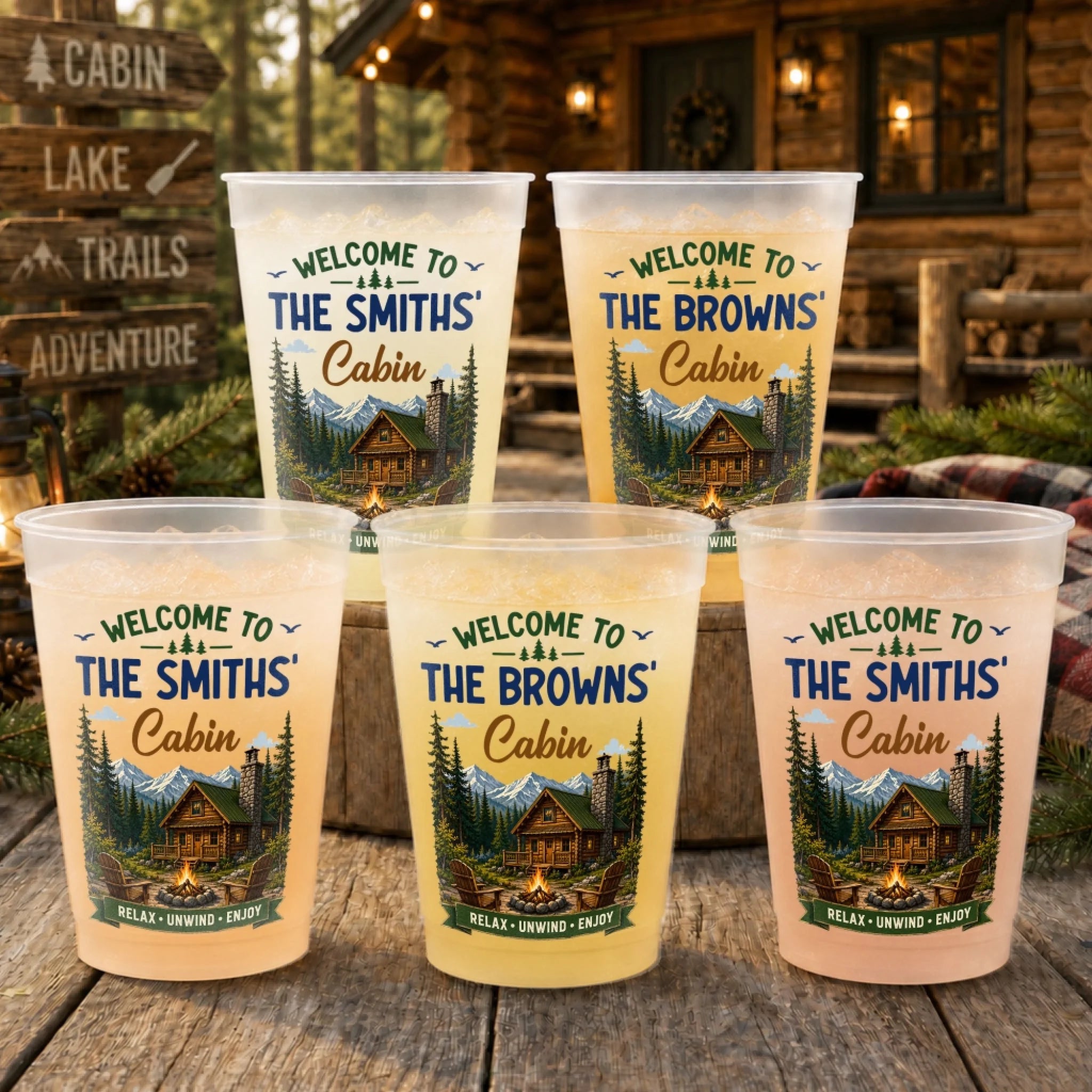 Custom Cabin Party Cups, Personalized Plastic Cups for Summer Vacation Travel Gifts