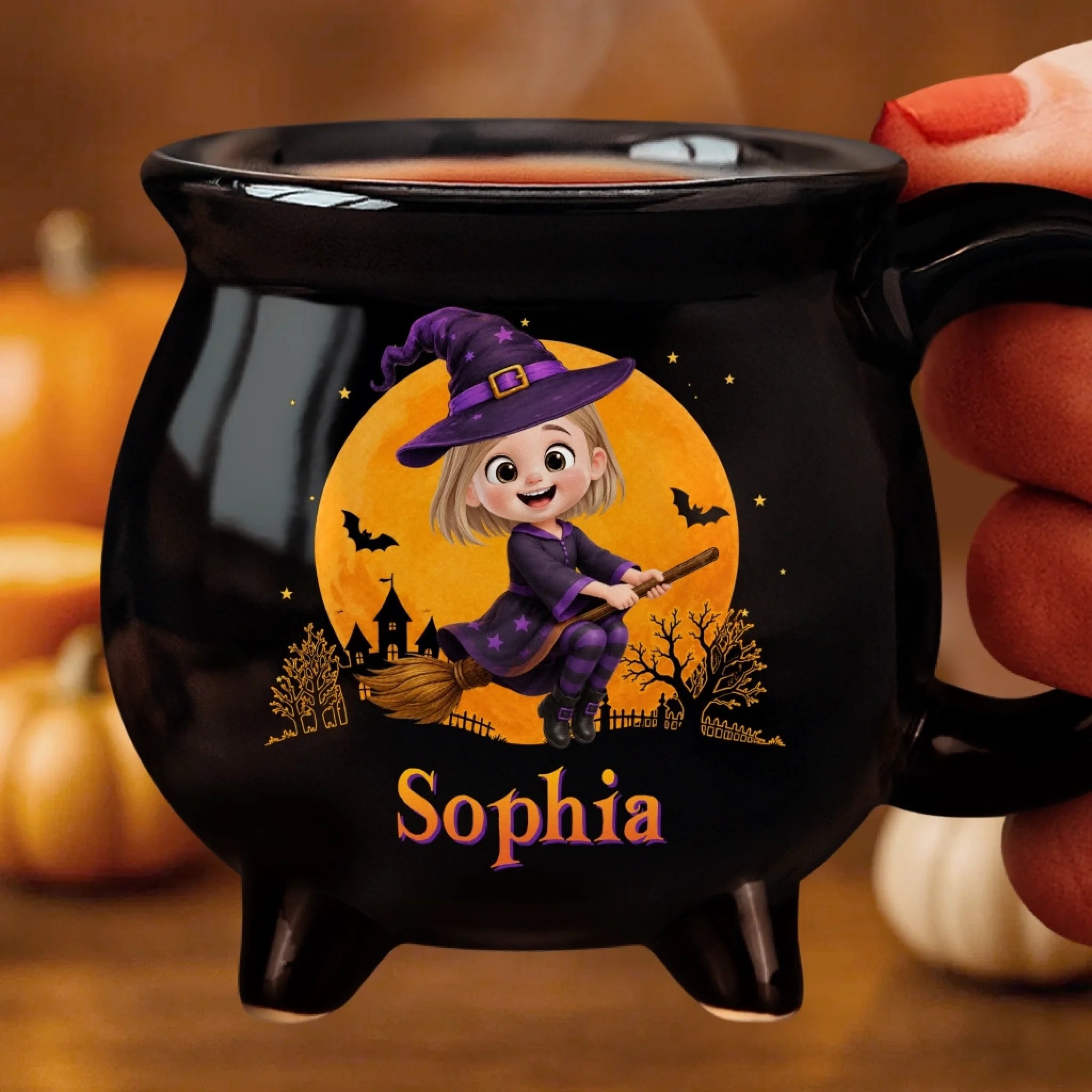 Custom 12oz Ceramic Cauldron Coffee Mug, Personalized Halloween Witch Gift for Daughter or Granddaughter