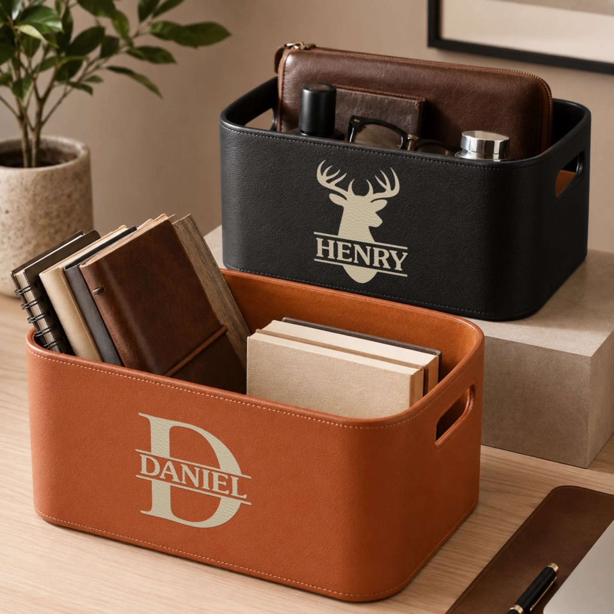 Personalized Leather Storage Basket, Custom Birthday Gift for Husband, Dad, Son or Grandpa
