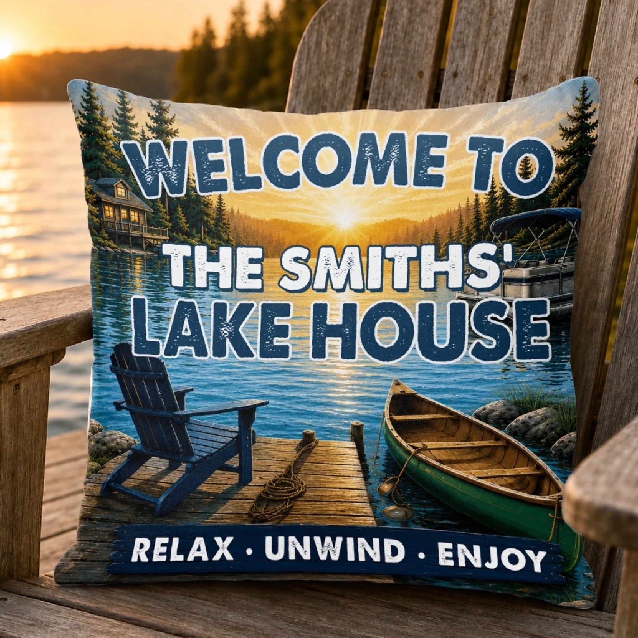 Custom Lake House Pillow, Personalized Summer Vacation Travel Gift for Family, Good Times Around the Lake