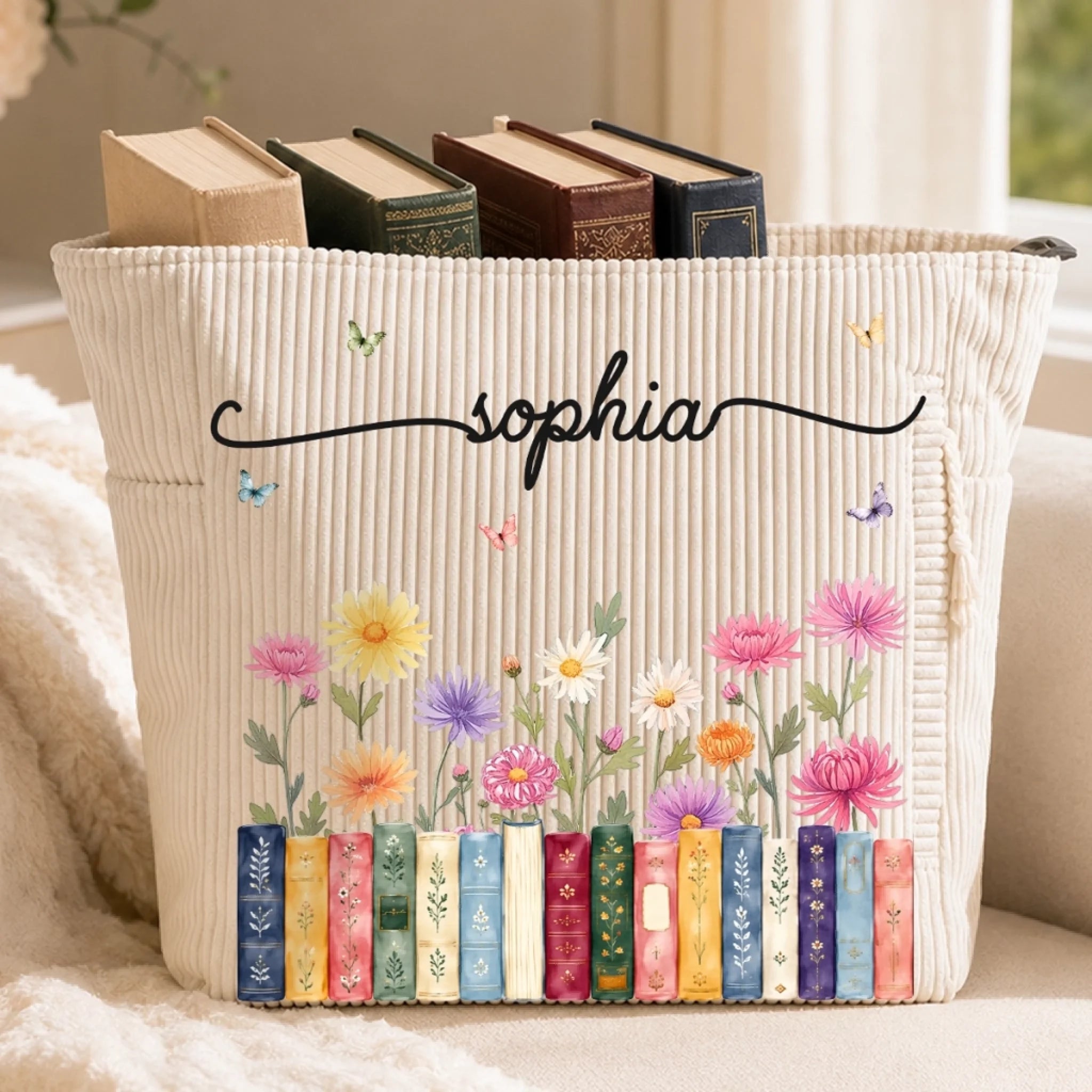 Custom Corduroy Tote Bag - Personalized Bookish Gift for Book Lovers, Stories in Full Bloom