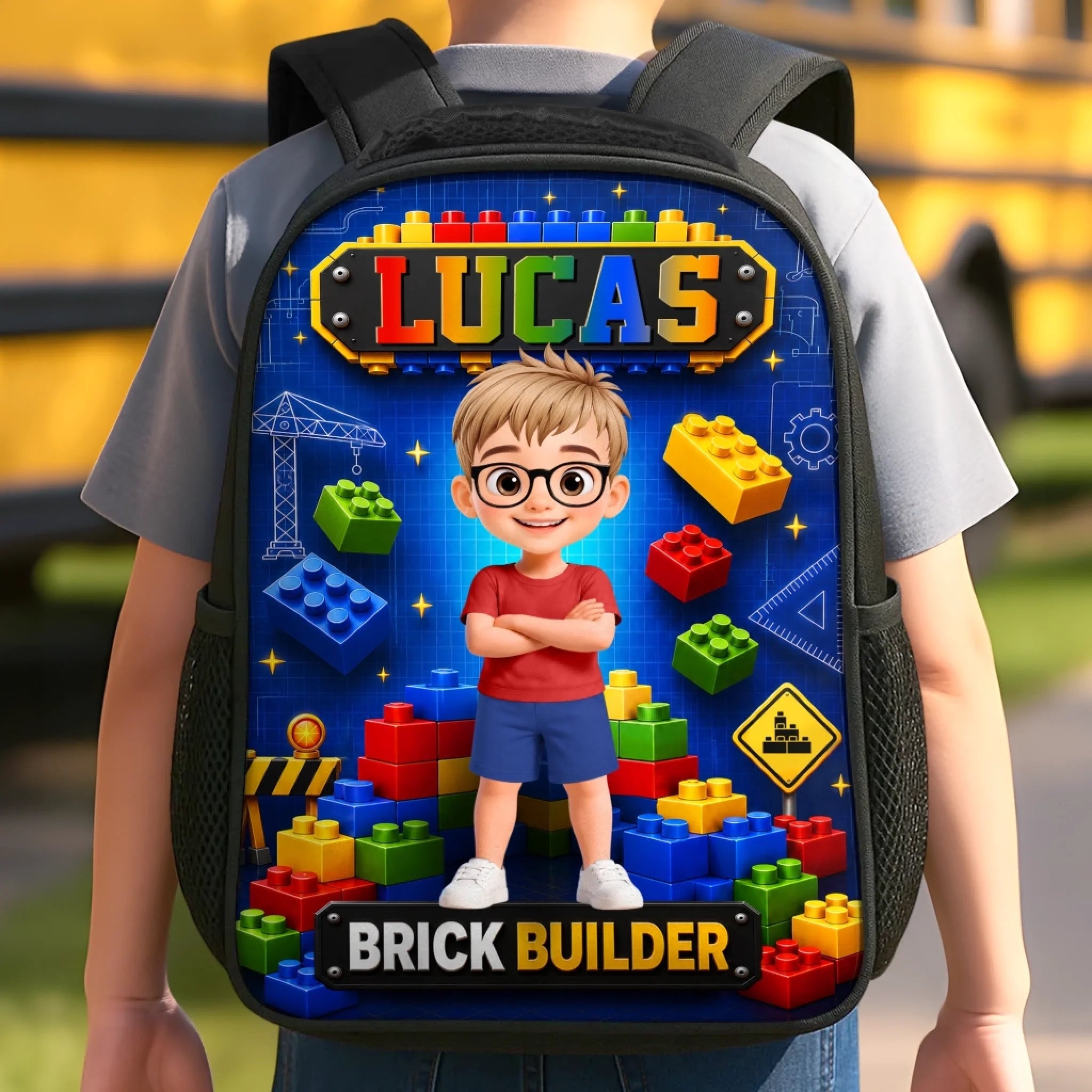 Custom Kids Front Printed Backpack - Personalized Brick Builder Back to School Gift for Kids