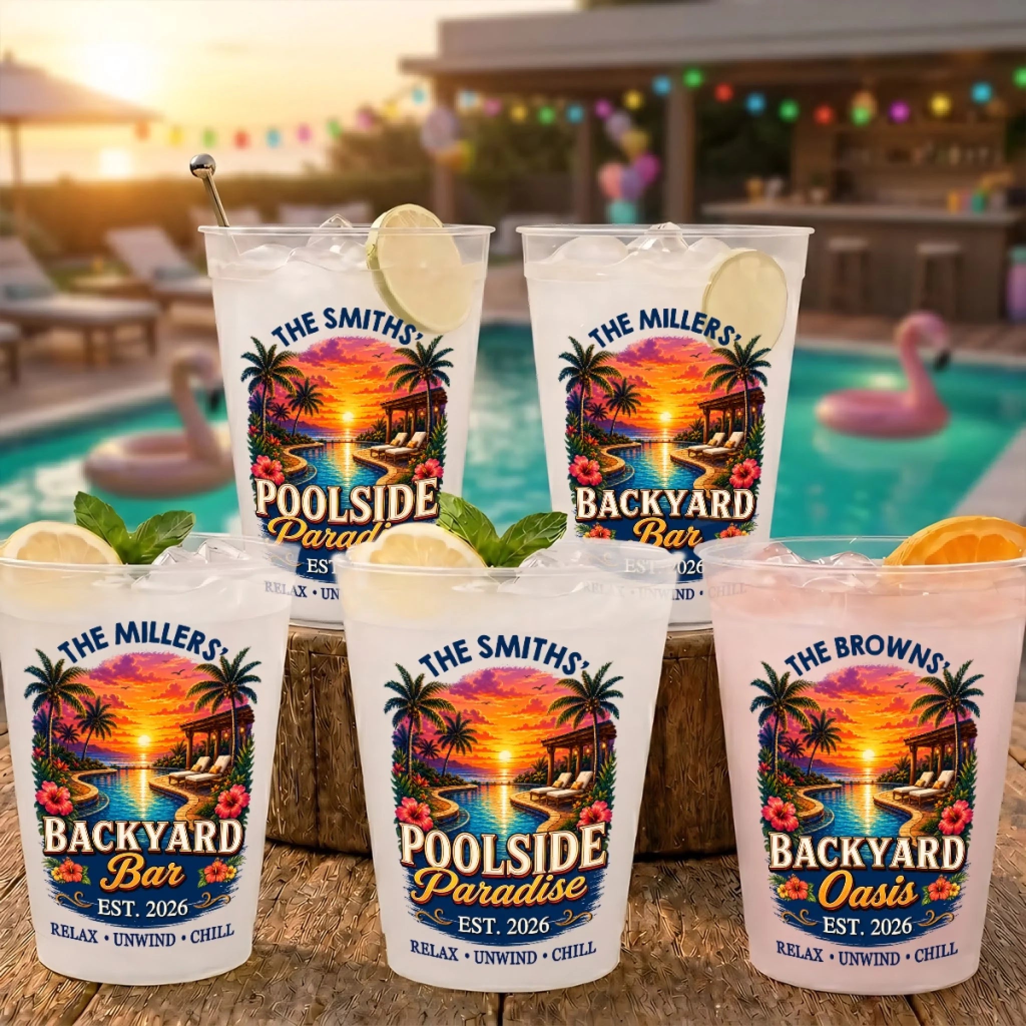 Custom Poolside Party Cups, Personalized Plastic Cups for Summer Vacation Gifts, Pool Days Forever