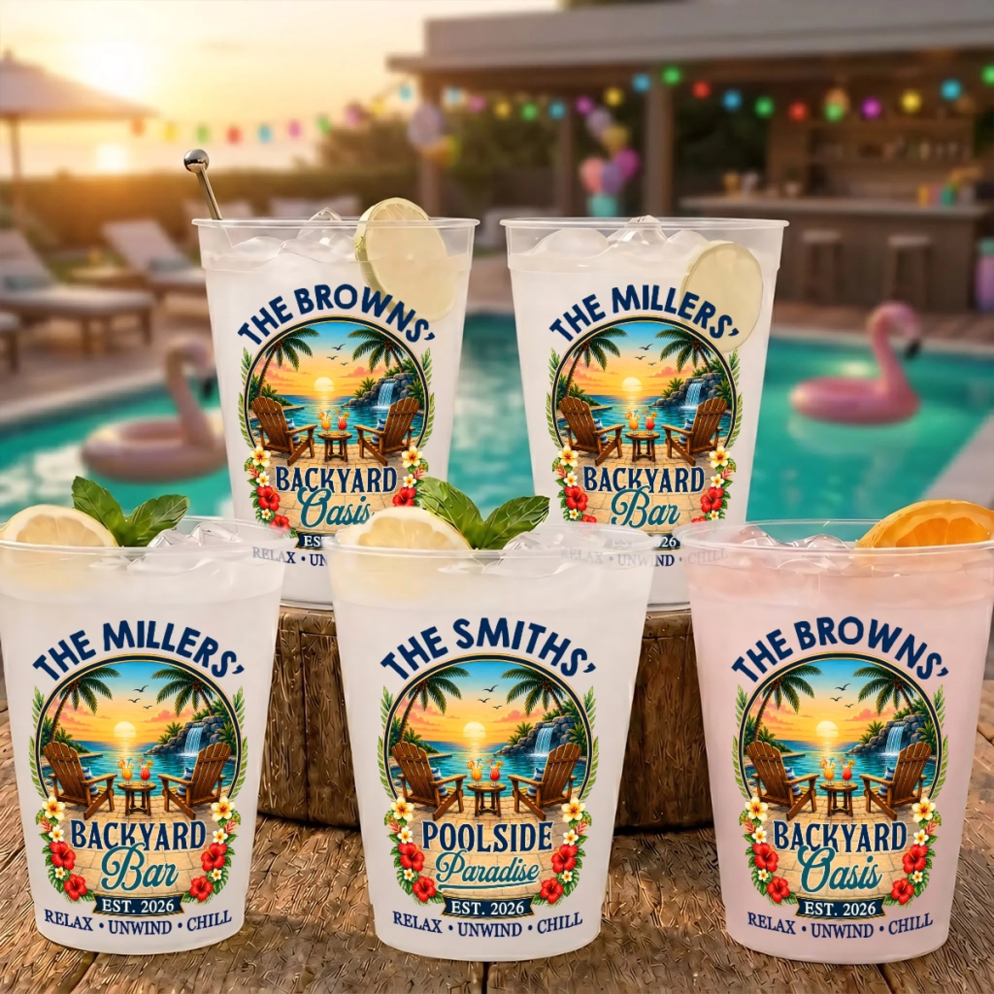 Custom Poolside Party Cups, Personalized Summer Vacation Drinkware Gifts for Mom, Dad, Brother or Sister