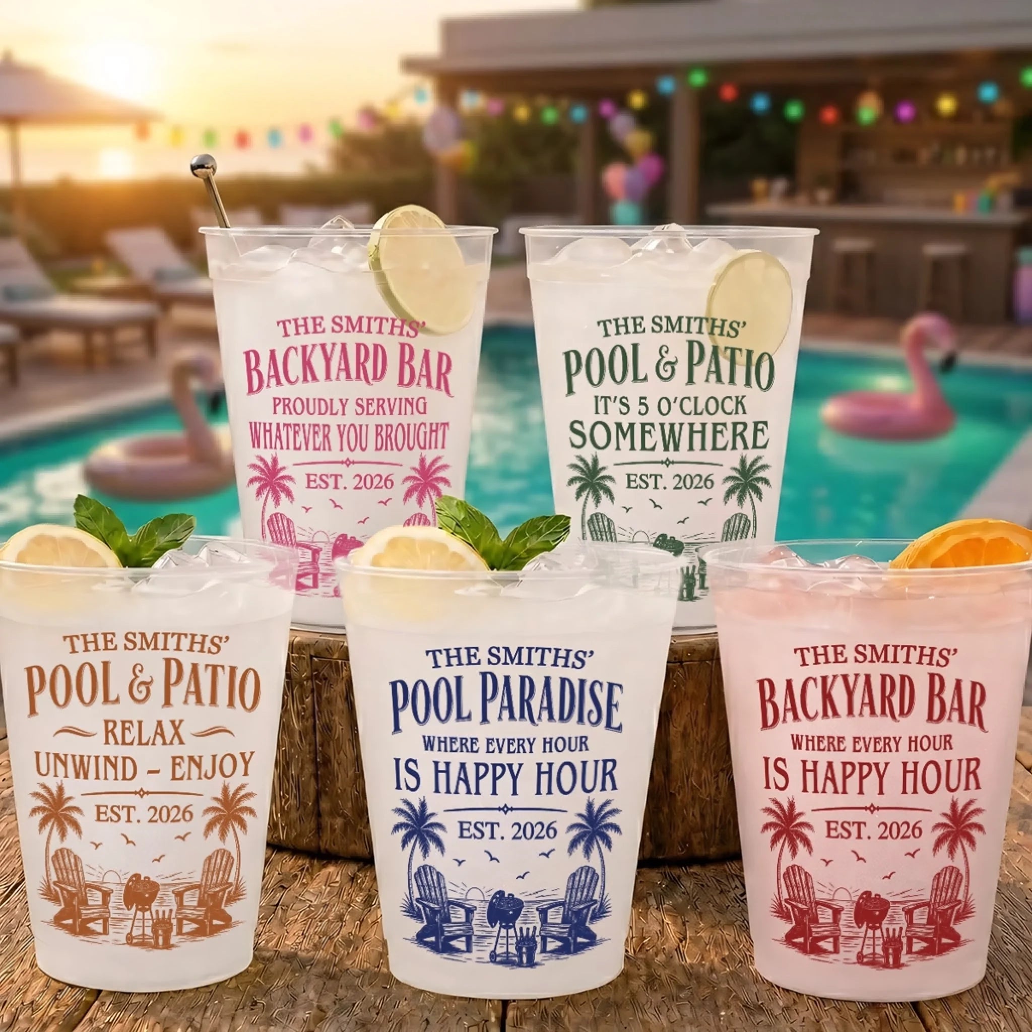 Custom Poolside Party Plastic Cups, Personalized Summer Vacation Travel Gifts for Family