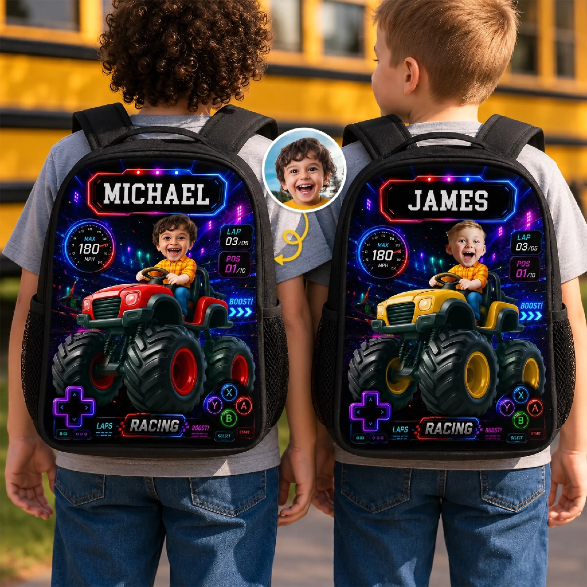 Custom Photo Kids Front Printed Backpack, Personalized Back to School Gift – Level Up School Mode