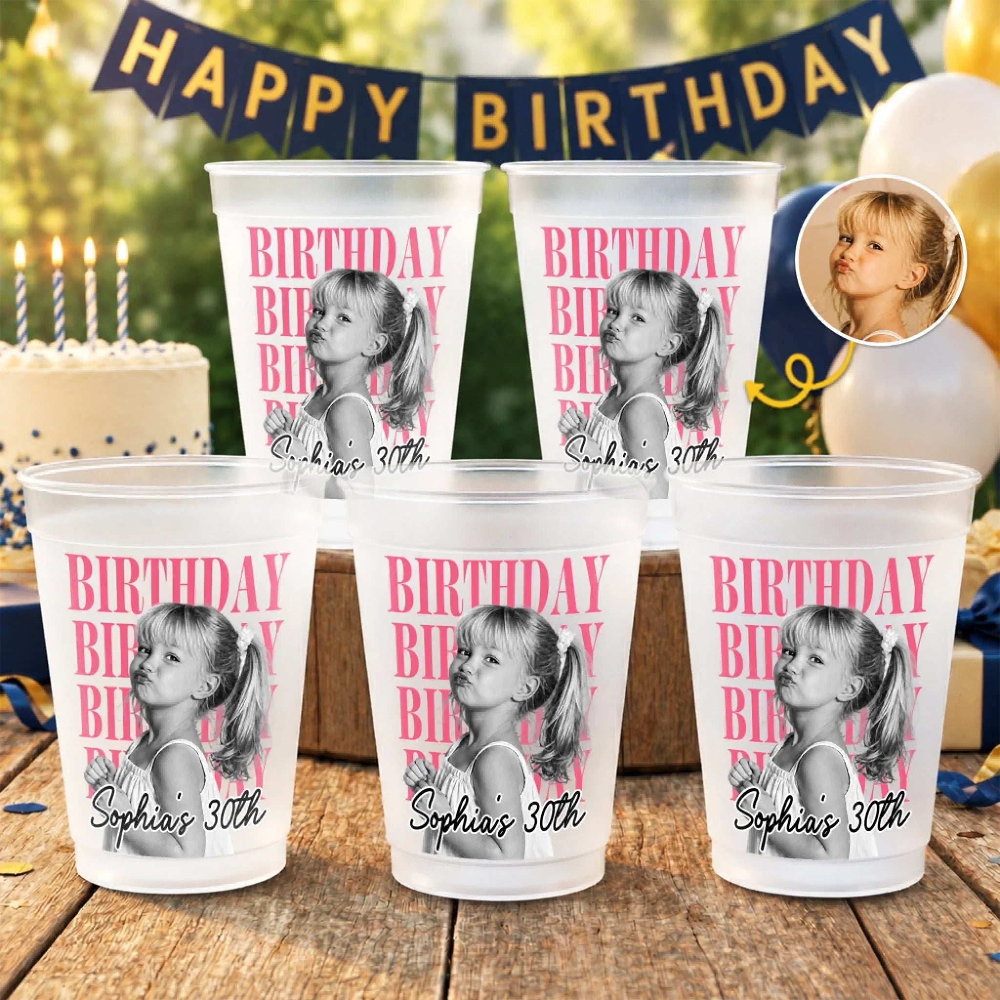 Custom Photo Party Cups, Personalized Plastic Cups for Birthday Milestone Gifts for Men and Women