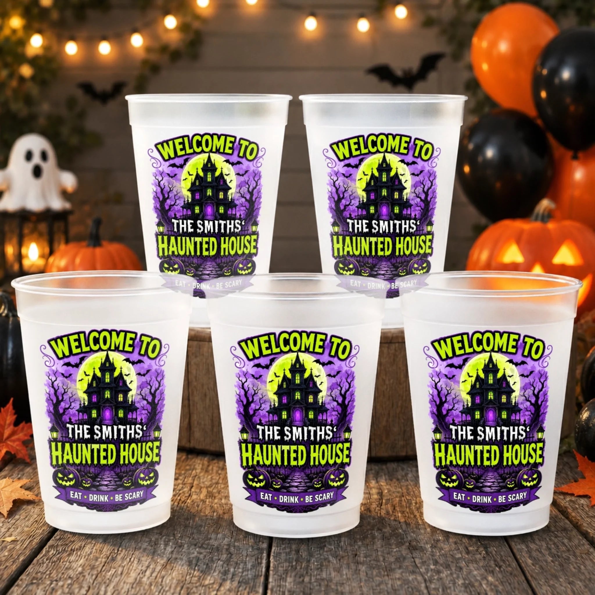 Custom Haunted House Plastic Party Cups, Personalized Halloween Gift for Family, Home Sweet Haunted Home