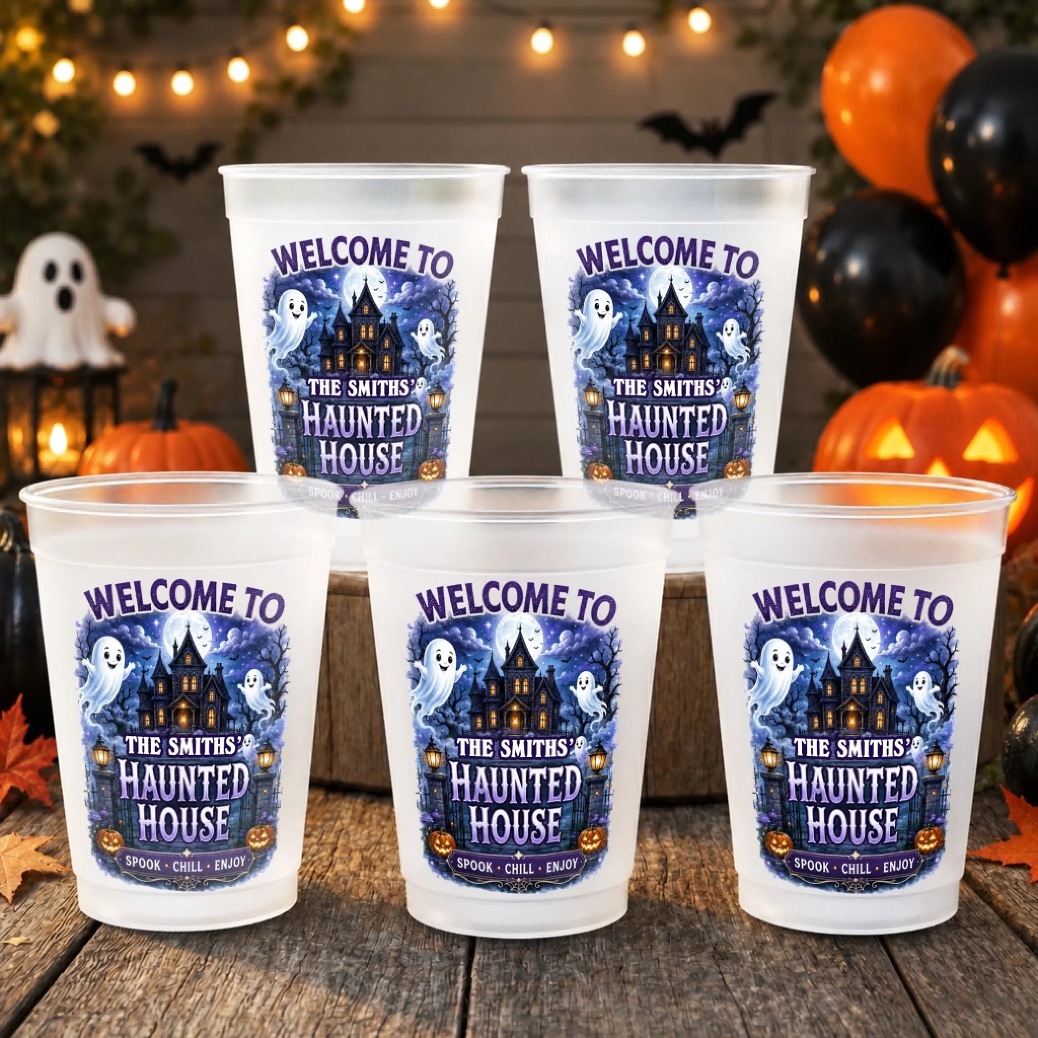 Custom Haunted House Party Plastic Cups, Personalized Halloween Gifts for Mom Dad Family Crew