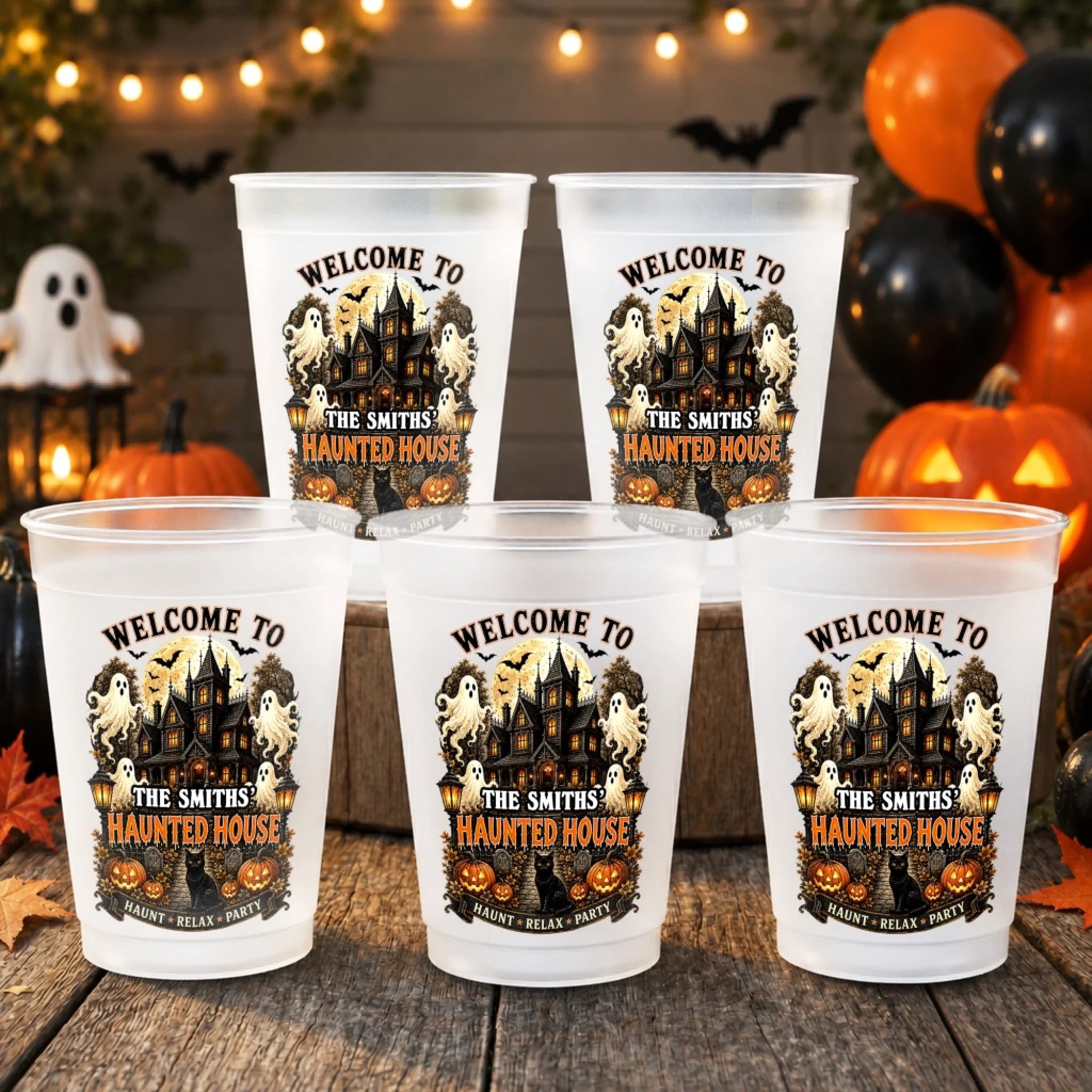 Custom Haunted House Party Cups, Personalized Halloween Gifts for Family with Black Cat Spooky House