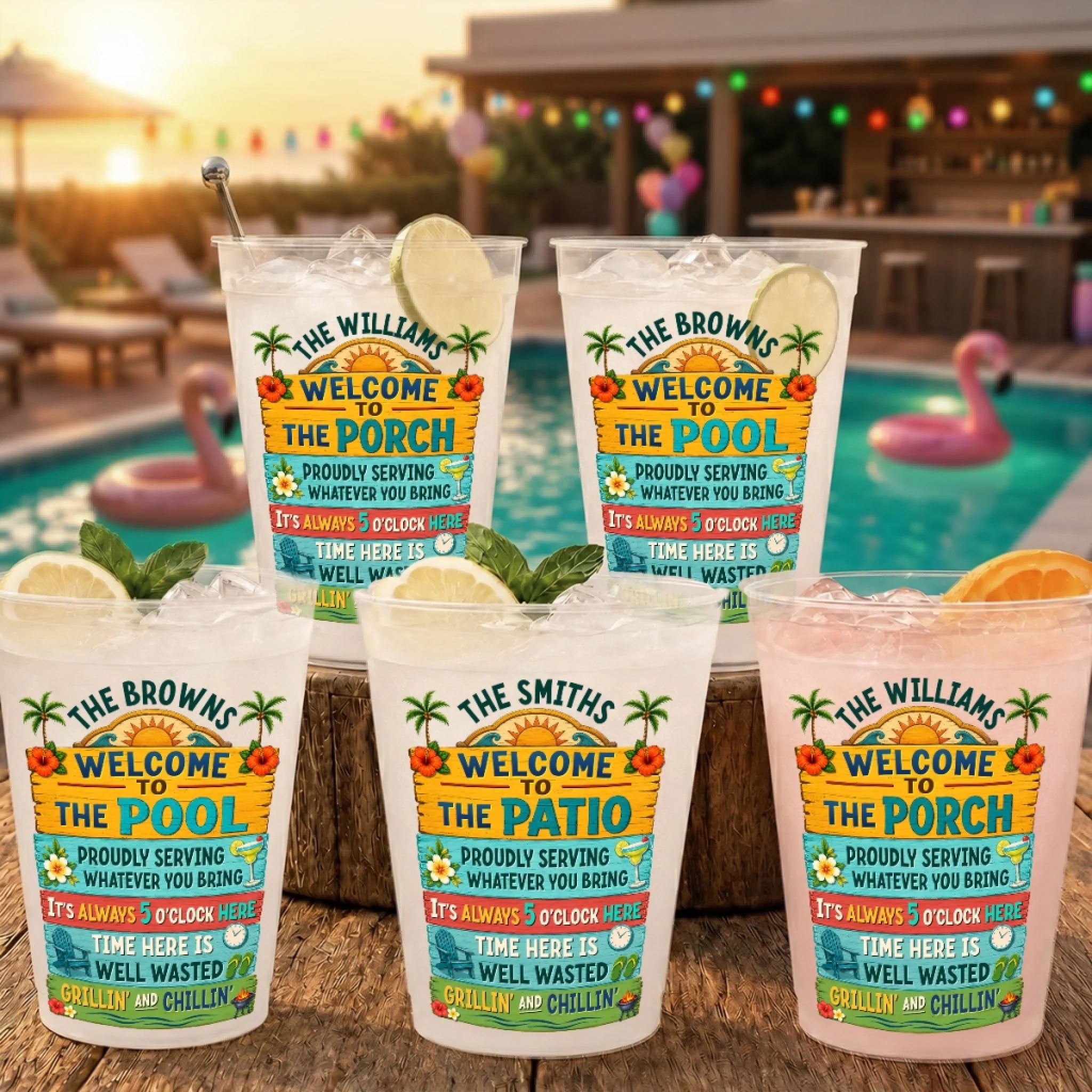 Custom Patio Party Cups, Personalized Gather Laugh Repeat Summer Travel Gifts for Family