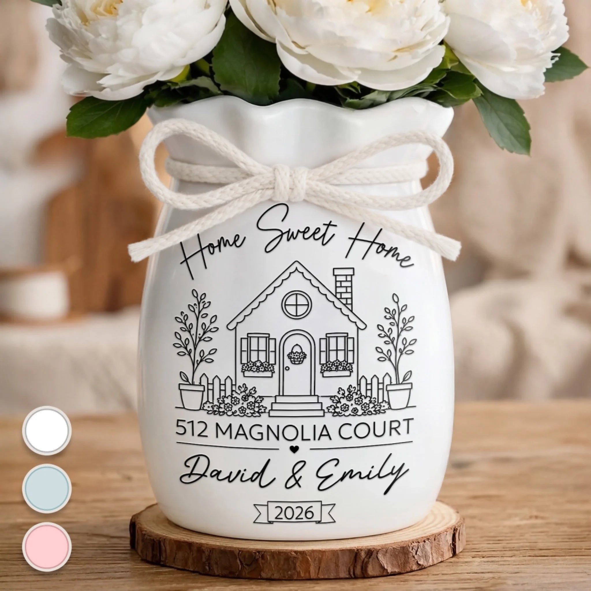 Personalized New Home Ceramic Flower Vase with Ribbon, Anniversary or Wedding Gift for Couple