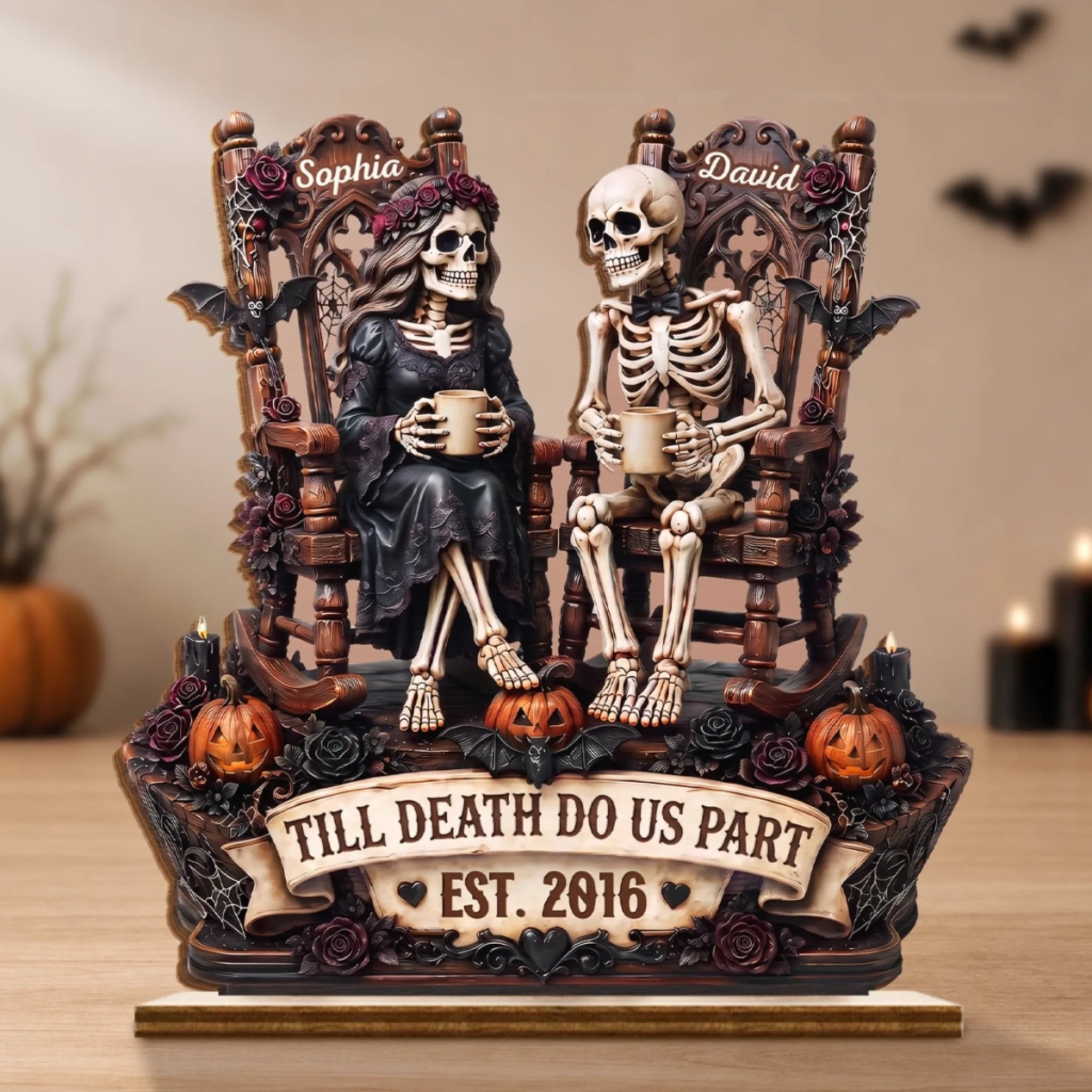 Custom Skeleton 2-Layer Wooden Plaque with Flat Stand, Personalized Halloween Wedding Anniversary Gift