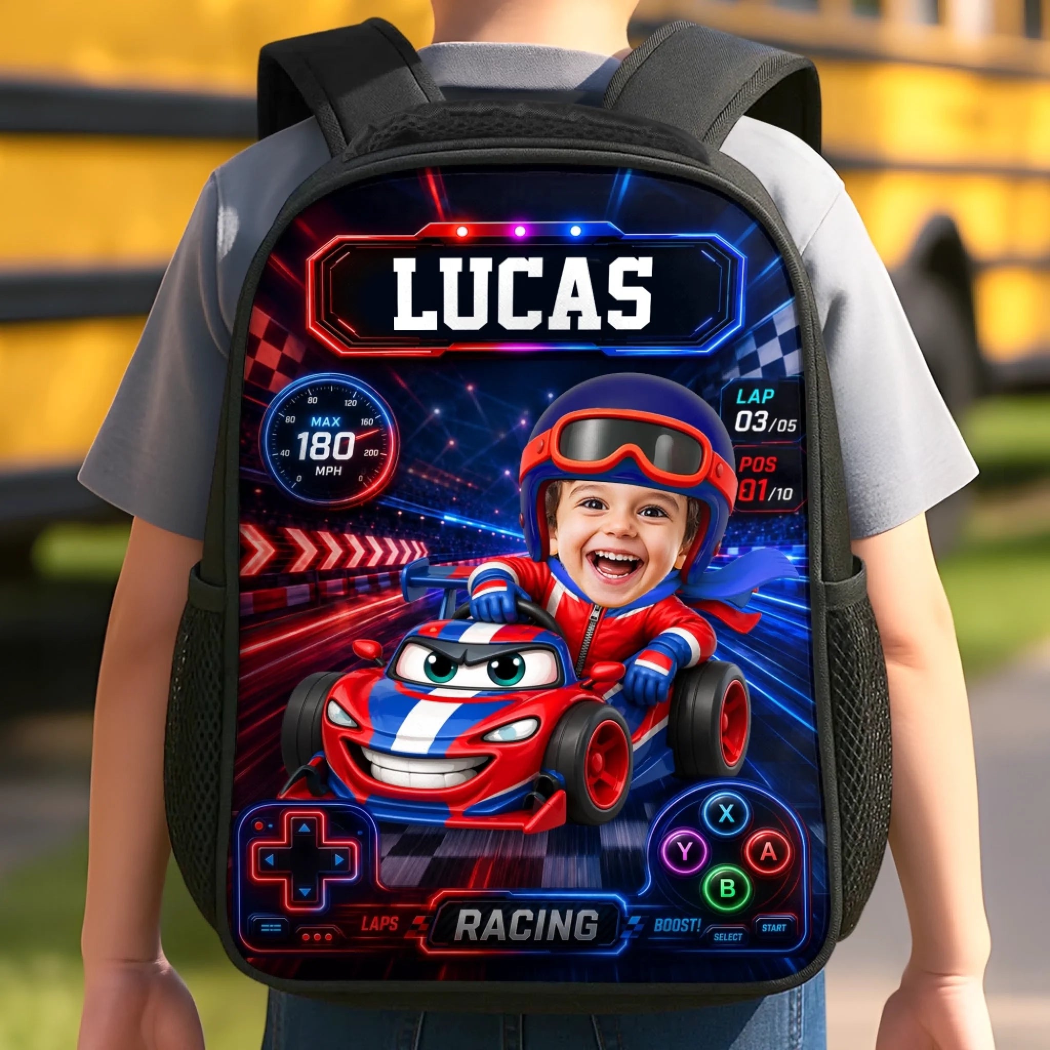 Custom Photo Kids Backpack & Water Bottle Set, Personalized Back To School Gift - Fast Lane Ahead