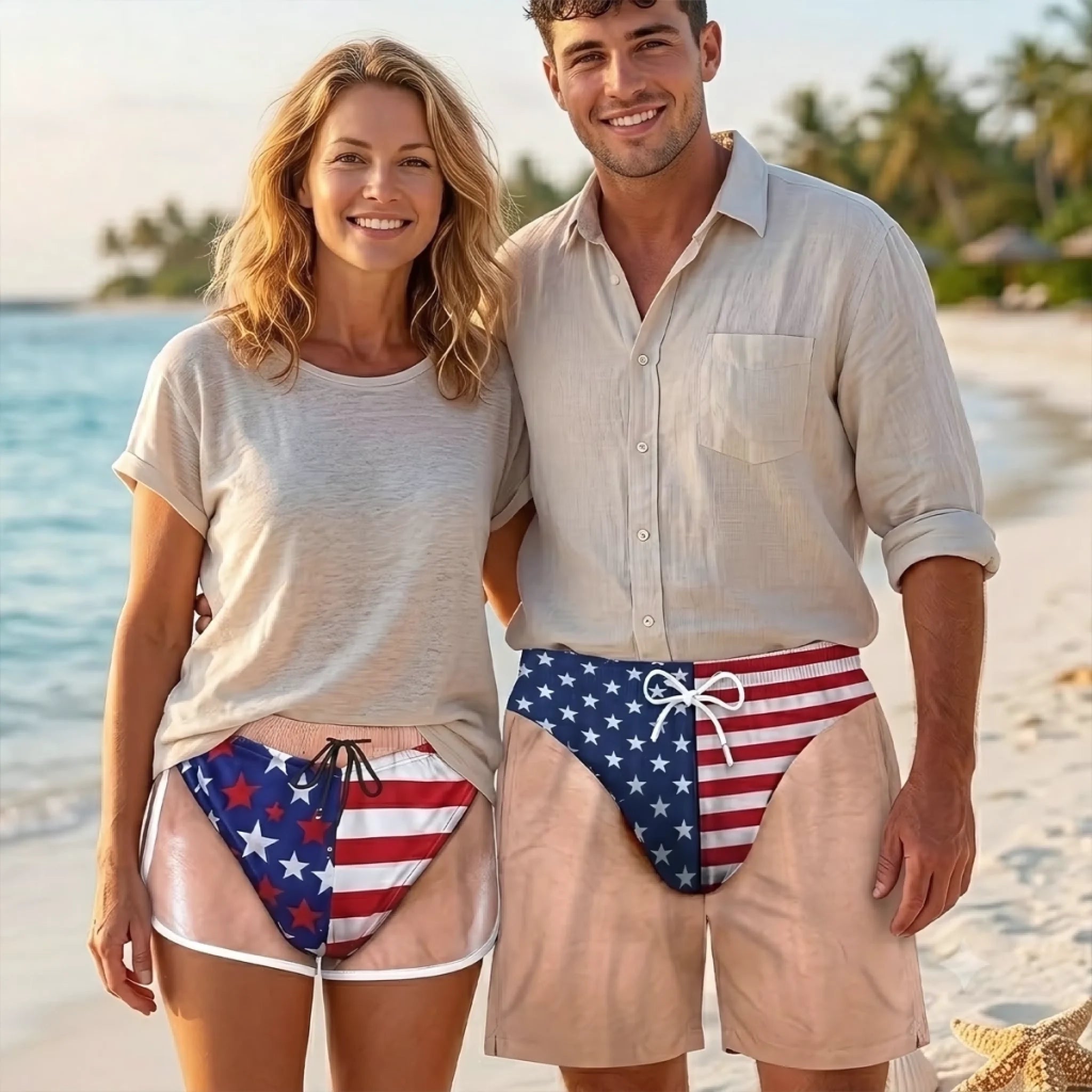 Custom Funny Patriotic Couple Beach Shorts Personalized Summer Vacation Gift for Husband and Wife