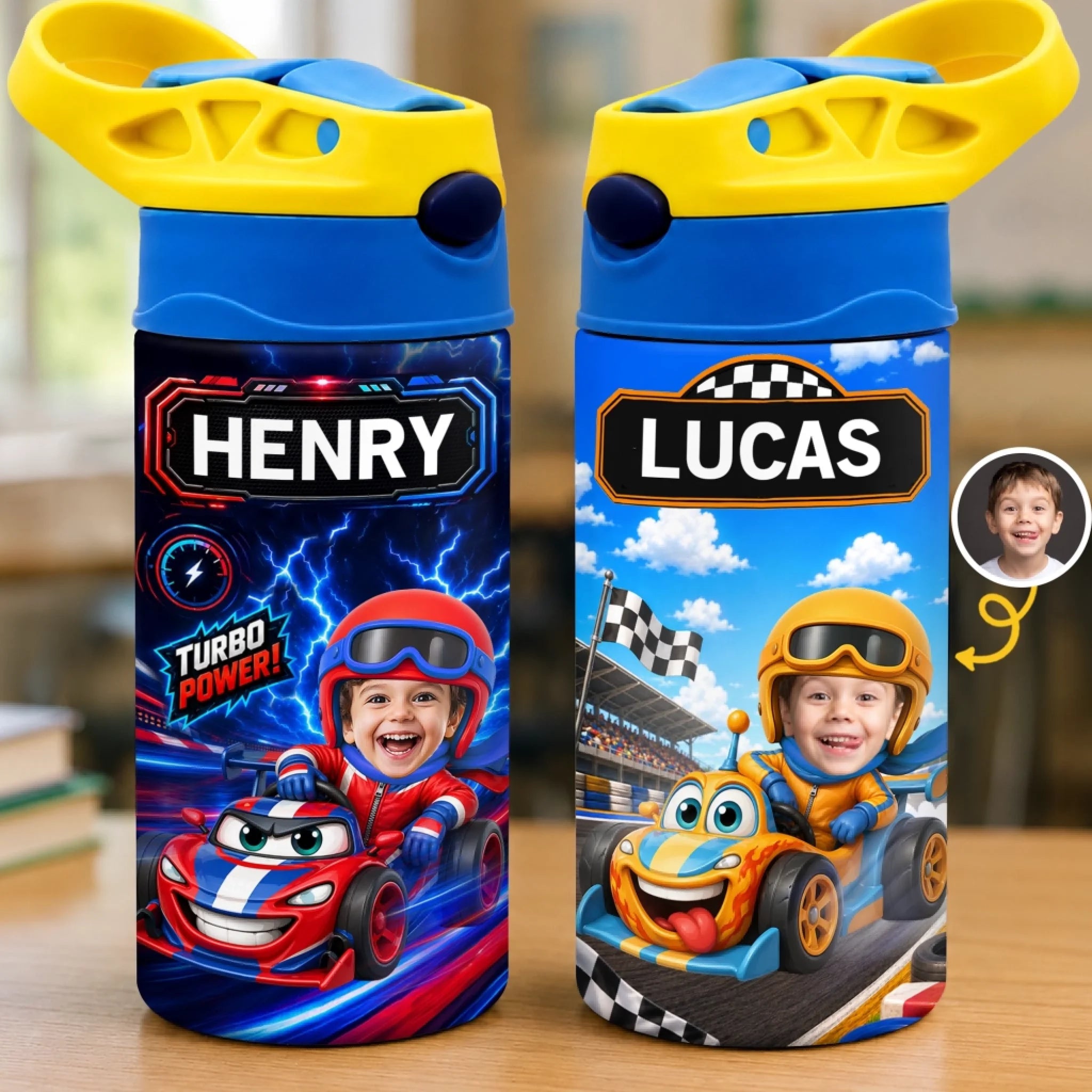 Custom Photo Kids Insulated Water Bottle, Personalized Start Your Engines Back to School Gift
