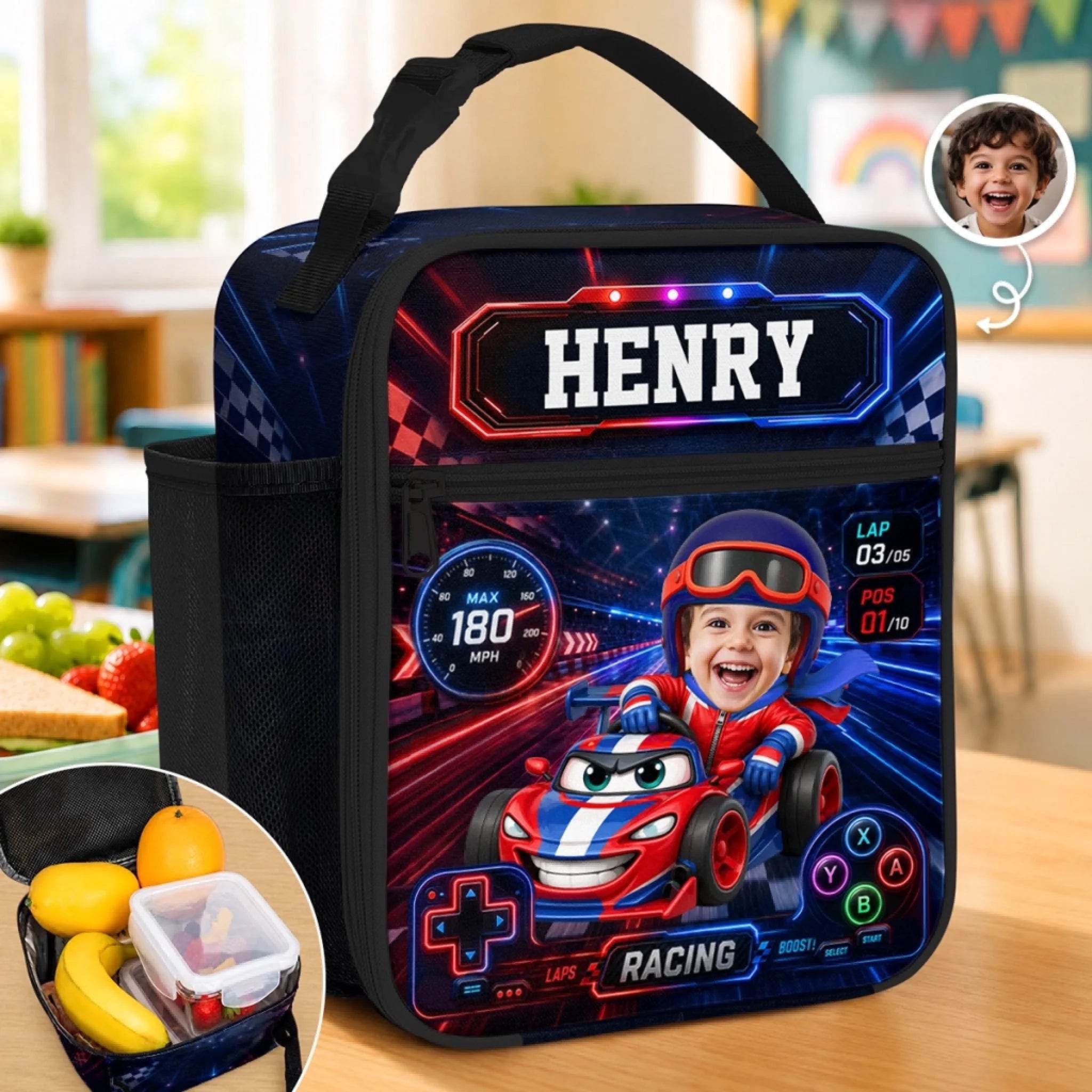 Custom Photo Kids Front-Zip Lunch Bag - Personalized Back to School Gift, Little Wheels Big Dreams