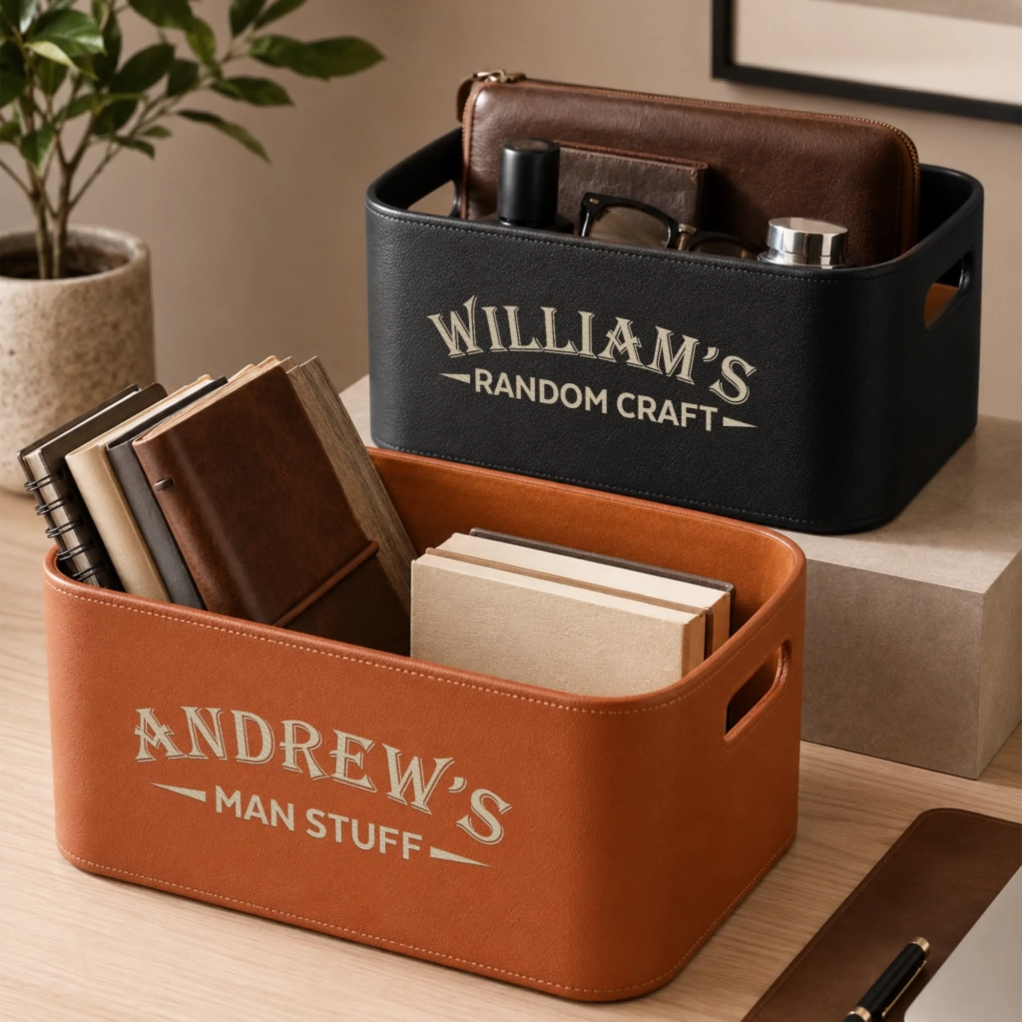 Custom Leather Storage Basket, Personalized Man Stuff Organizer Gift for Dad, Husband, Son or Grandpa