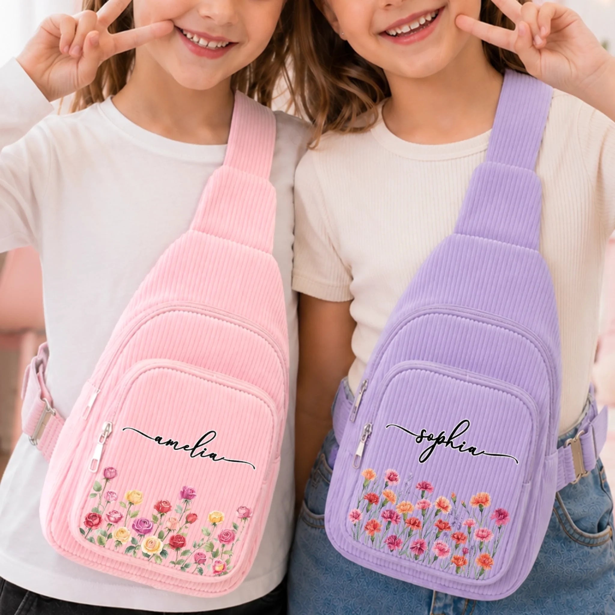 Custom Corduroy Sling Bag Personalized Kids Birthday Gift Bloom With Joy